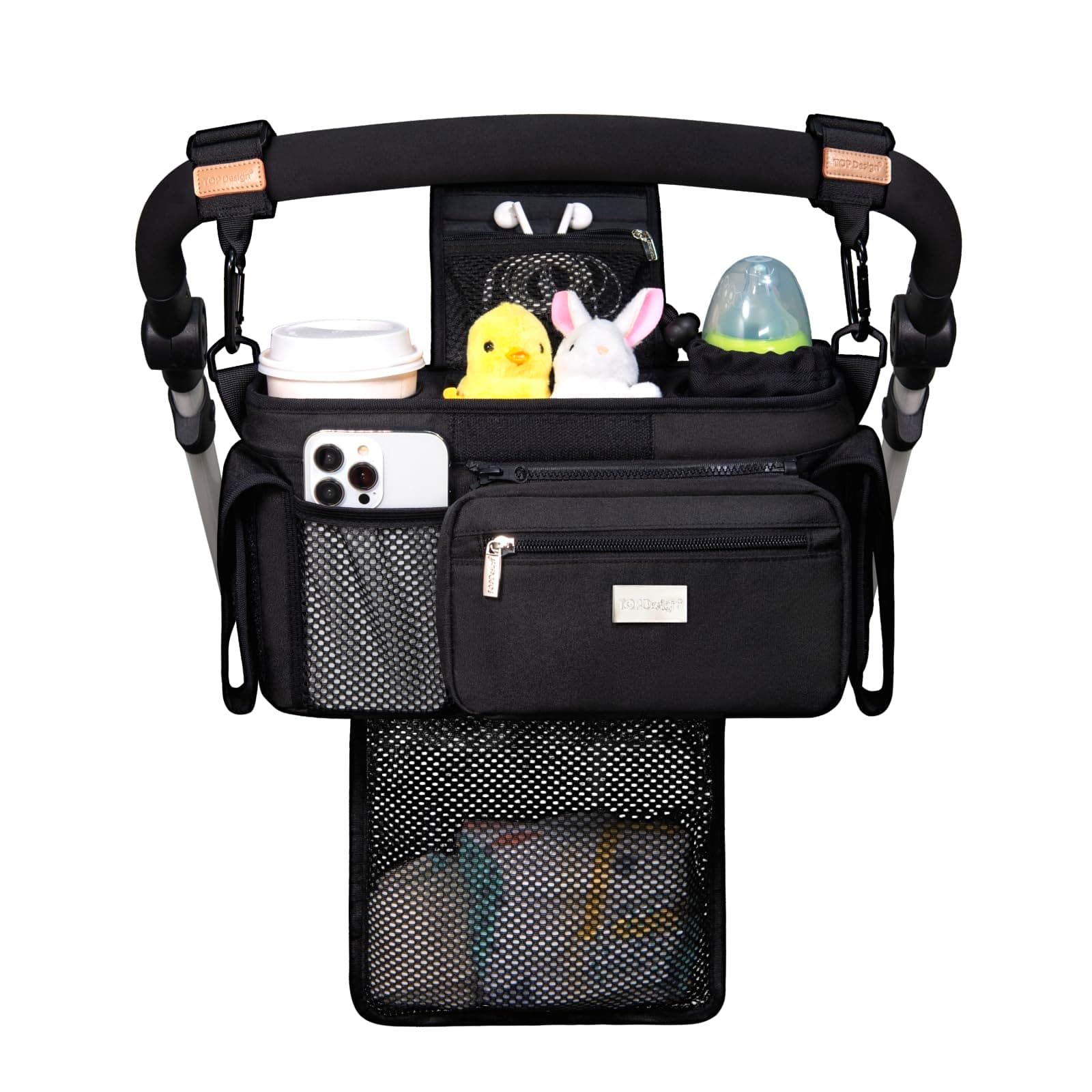 Universal Baby Stroller Organizer, Stroller Caddy with Detachable Mesh Bag & Heightened Insulated Cup Holders & Non-Slip Secure Hooks Accessories, Fits Most Strollers (Black)