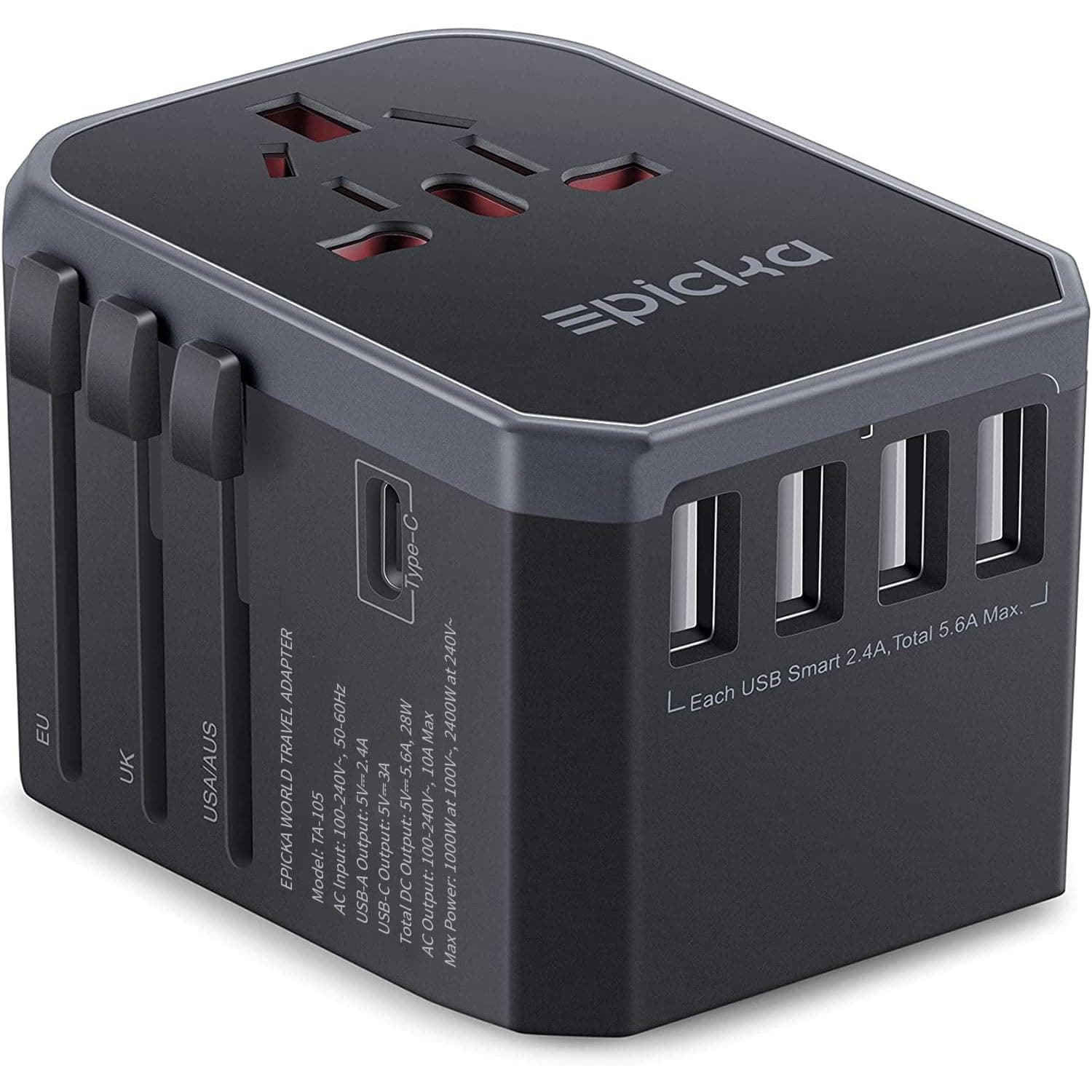 EPICKA Universal Travel Adapter, European Travel Plug Adapter (Not a Voltage Converter) - International Power Adapter Worldwide Charger with USB-C & 4 USB-A Ports, Travel Essentials (TA-105, Grey)