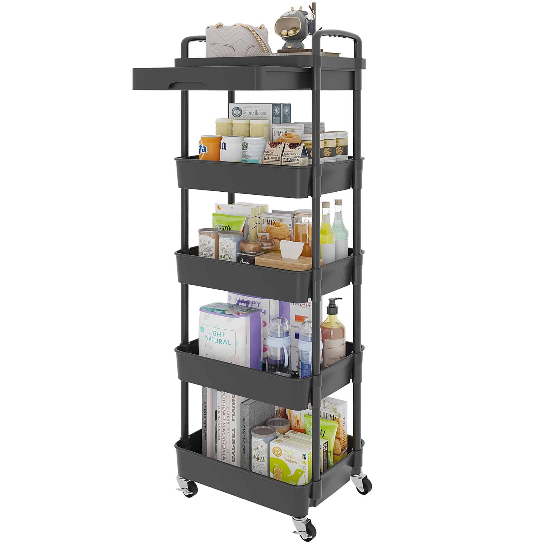 5-Tier Rolling Utility Cart with Drawer,Multifunctional Storage Organizer with Plastic Shelf & Metal Wheels,Storage Cart for Kitchen,Bathroom,Living Room,Office,Black