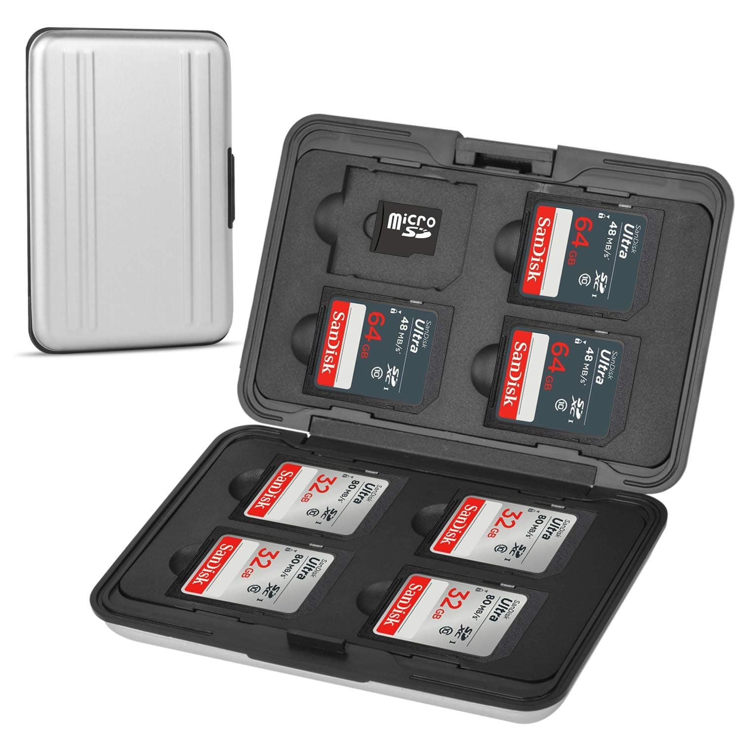 Aluminum Shock Resistant Carrying Box Memory Card Storage Case Holder 8 Slots for SD SDHC MMC Micro SD TF Cards Silver