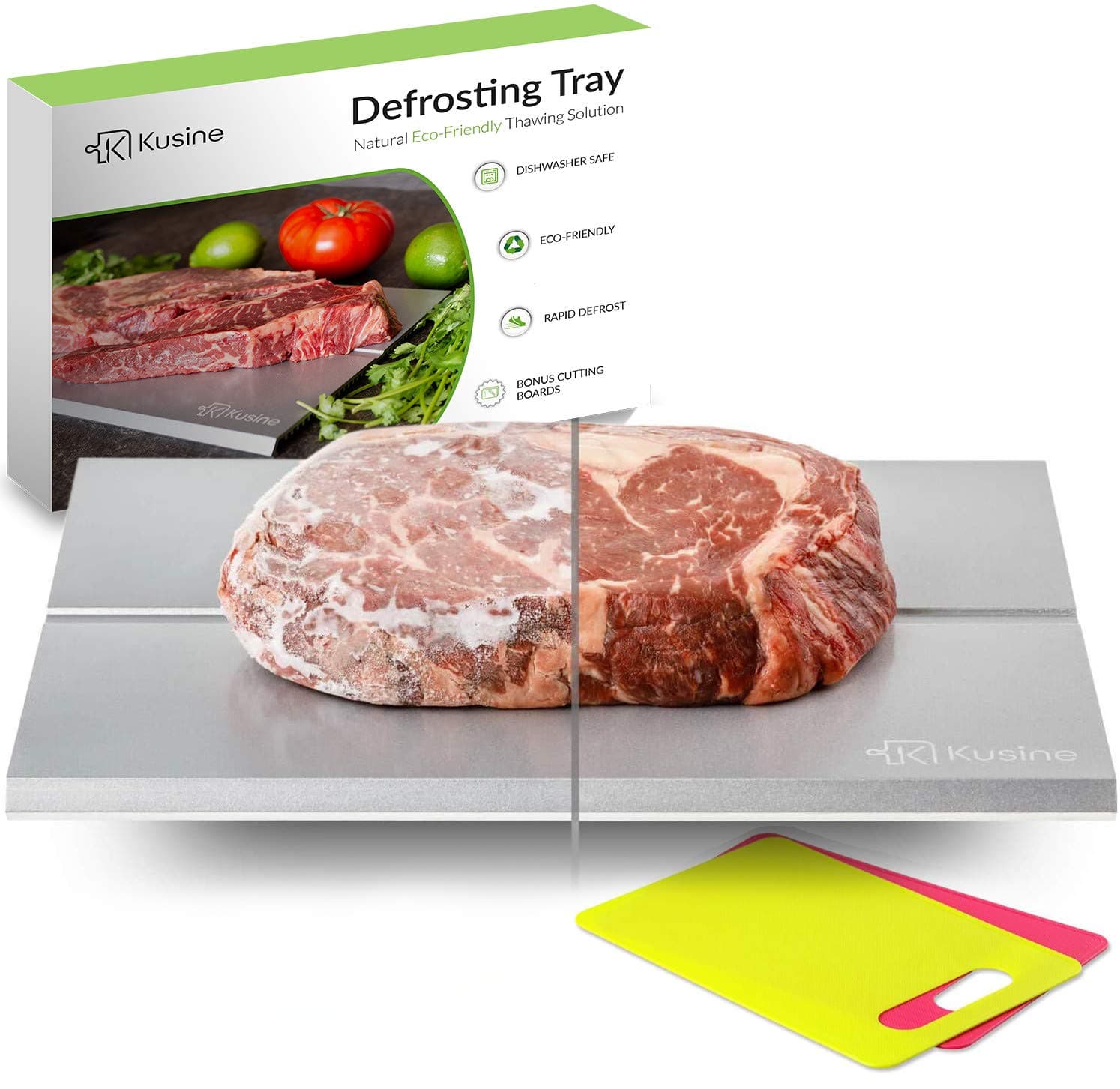 Defrost Tray and Thawing Plate | Fast defrosting Tray for Frozen Foods | Rapid Meat Thawing Tray Works Like Magic! | Kitchen Gadget with Two Bonus Cutting Boards