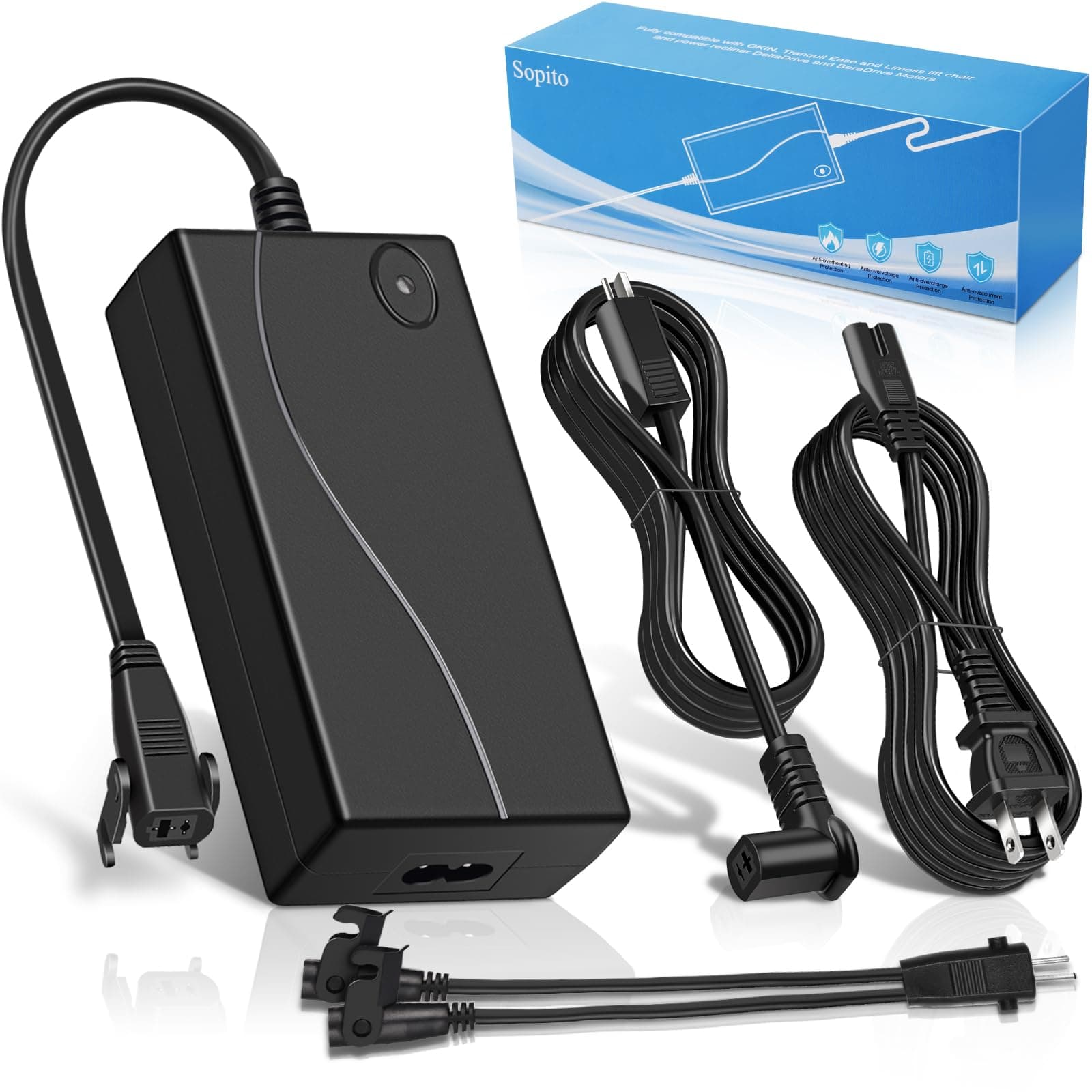 Sopito Power Recliner Power Supply Kit-4-Piece Universal Dual Power Supply Transformer with AC Power Cord, DC Extension Cable and Y Splitter Cord 29V 2A Adapter for Recliner, Lift Chairs and Sofa