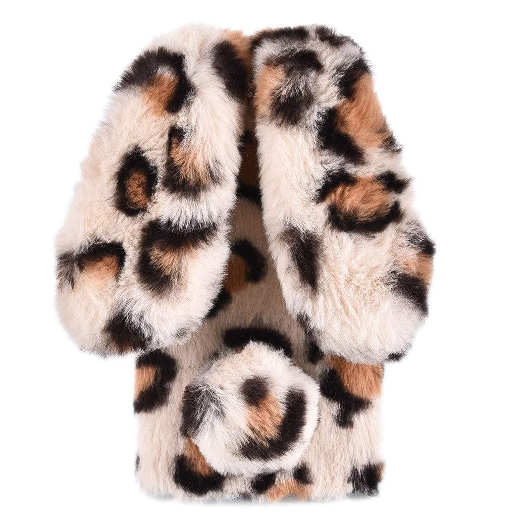King phone Plush Rabbit Cover for Samsung Galaxy S8 Plus Fluffy Rabbit Case Fashion Cute Luxury Case Bunny Ears Cover Super Soft Warm Furry Rabbit Shockproof Back Shell, White Leopard