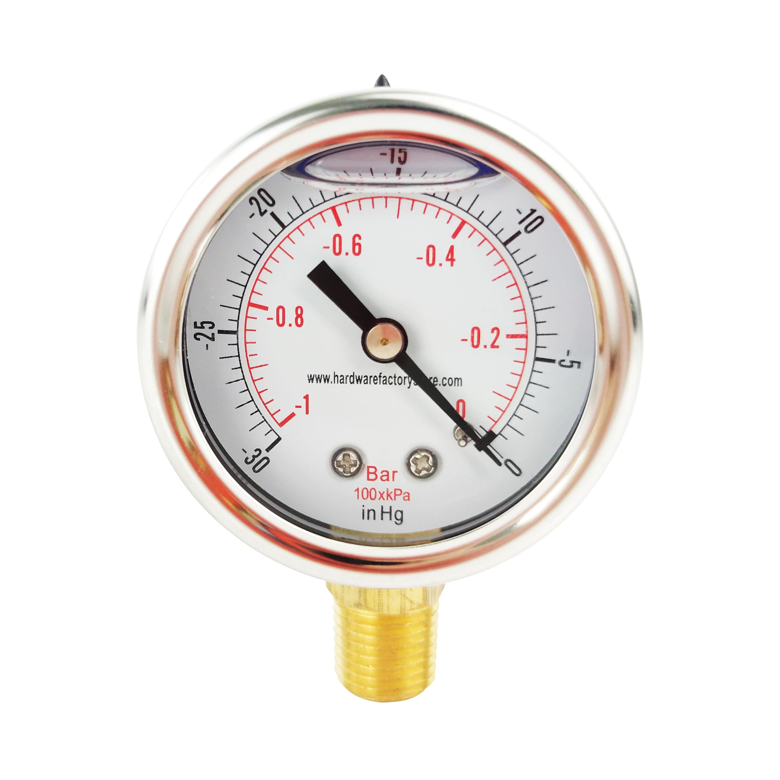 HFS(R) -30 inHg-0 PSI Vacuum Pressure Gauge Glycerin Liquid Filled, 2" Dial Size, 1/4" NPT Lower Mount, Stainless Steel Case, PSI and Bar Dual Scale