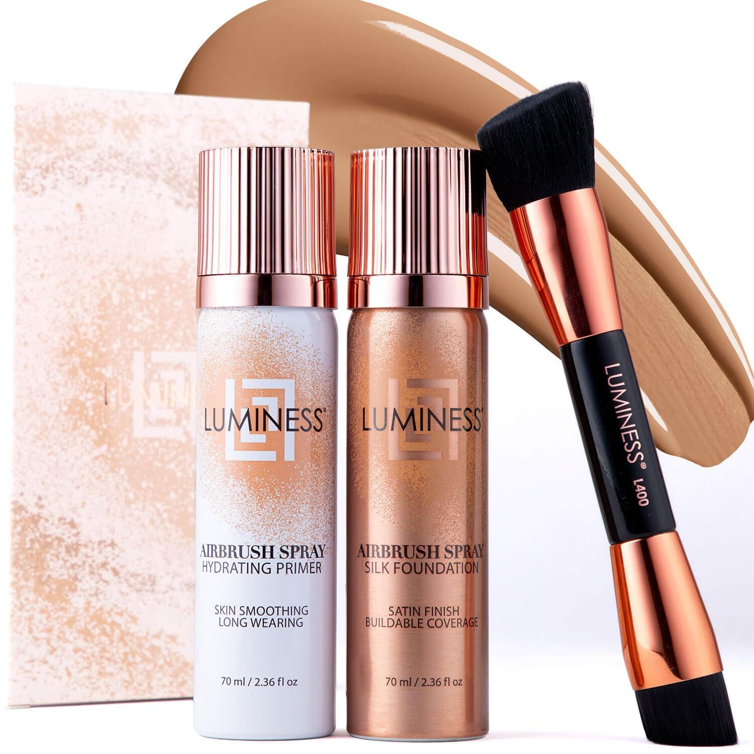 LUMINESS Airbrush Spray Silk Foundation Starter Kit - Warm - Foundation, Primer & Dual-Sided Angled Buffing Brush - Medium, Buildable Coverage, Anti-Aging Formula Hydrates & Moisturizes