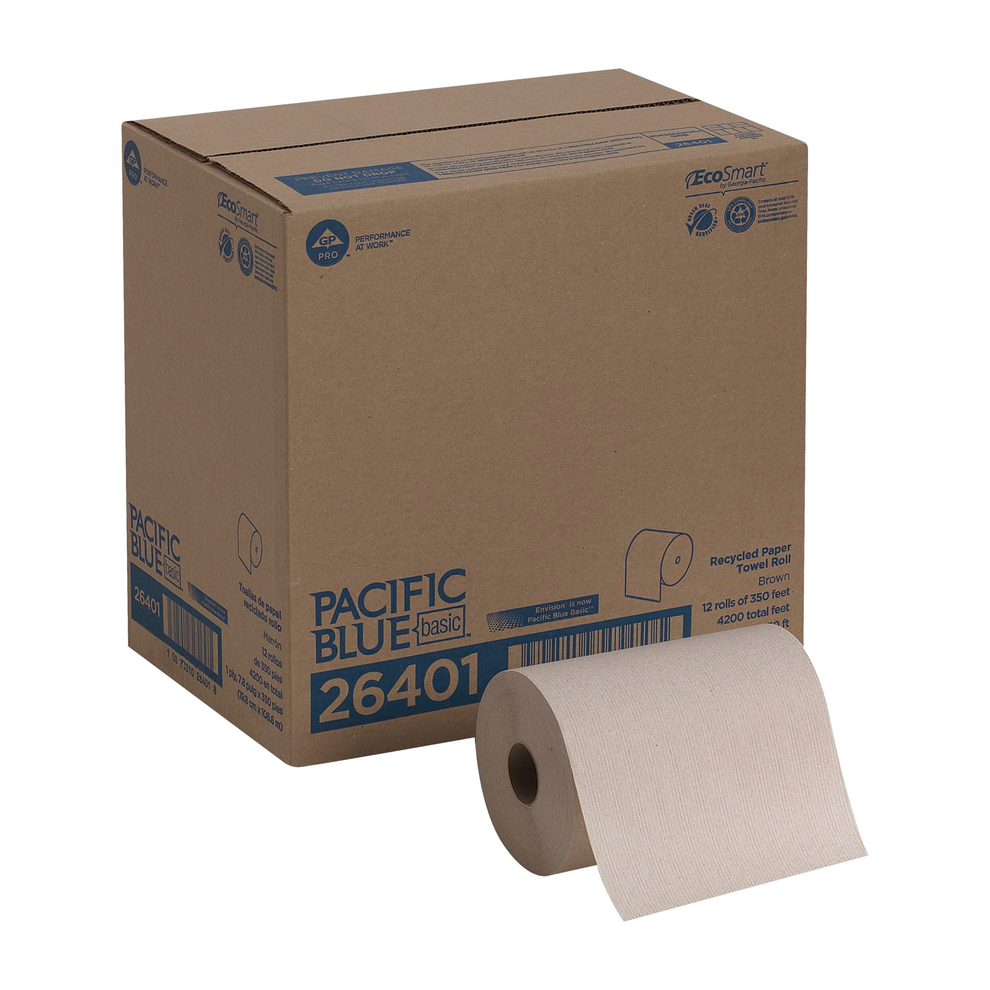 Georgia-Pacific Pacific Blue Basic Recycled Paper Towel Roll (Previously Branded Envision) by GP PRO (Georgia-Pacific), Brown, 26401, 350 Feet Per Roll, 12 Rolls Per Case