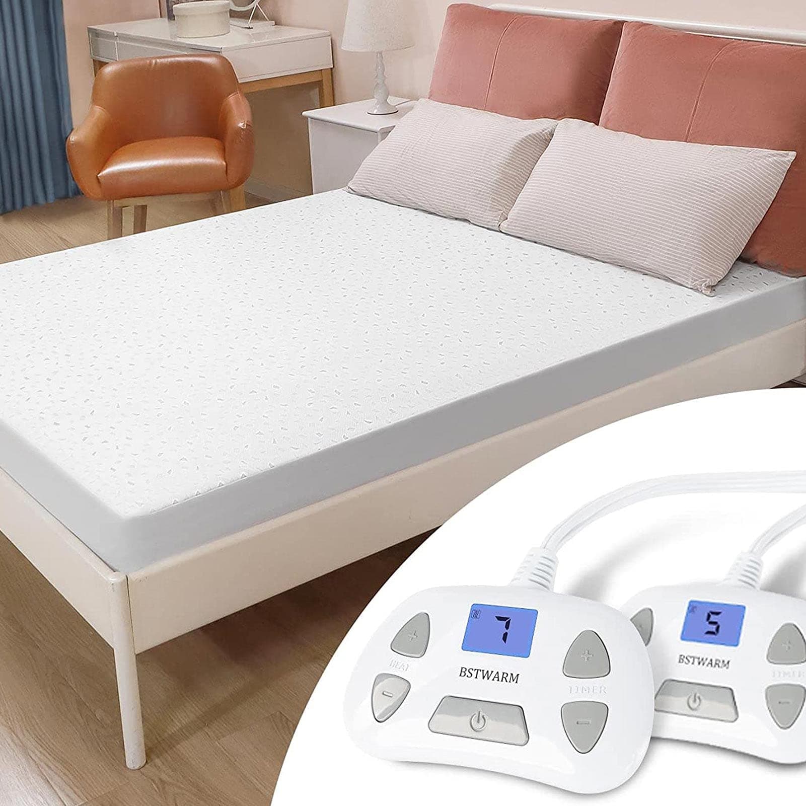 BSTWARM Heated Mattress Pad, Electric Bed Warmer, Mattress Cover with 8-21" Deep Pocket, 10 Heat Settings, 1-12 Hours Timed Off, Machine Washable - Queen 60''x80'', Dual Control