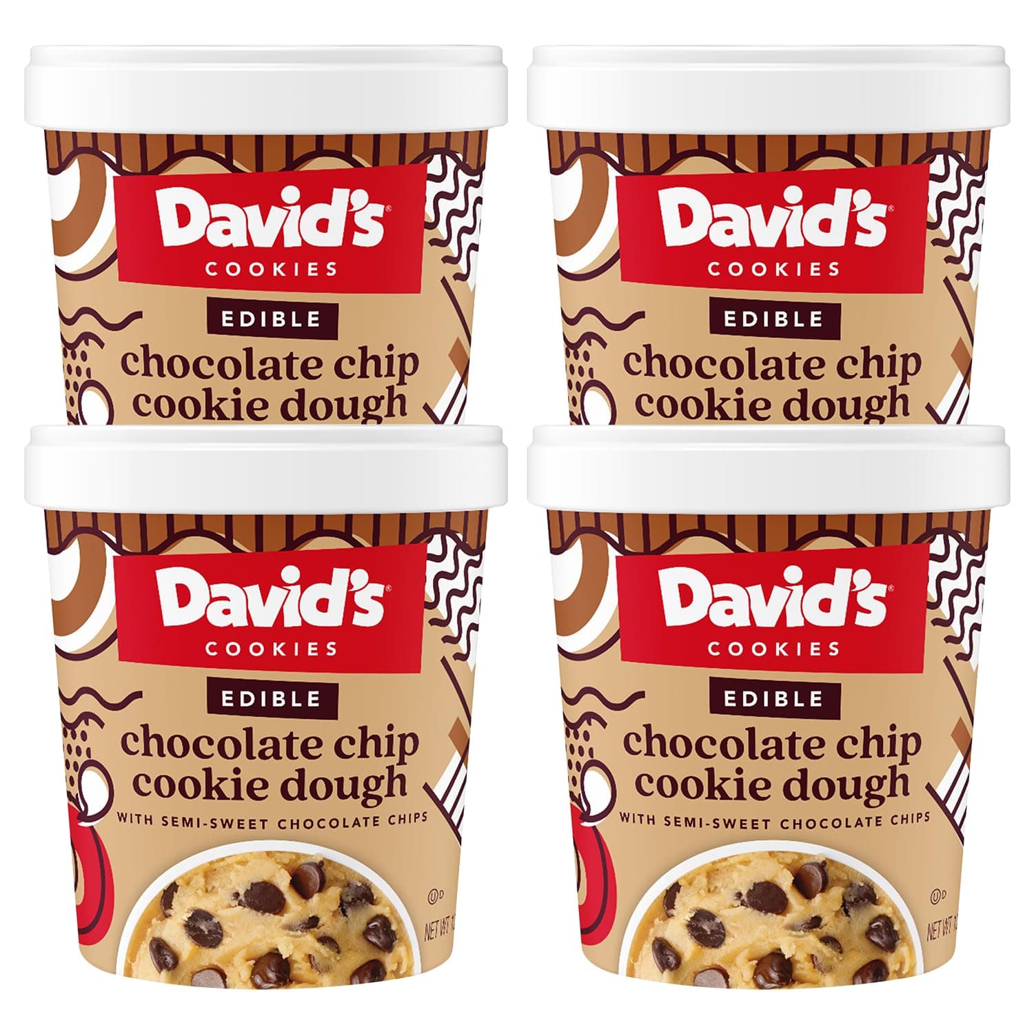 David’s Cookies Chocolate Chip Edible Cookie Dough – 4 Tubs (12oz Each) – Safe-to-Eat, Eggless Recipe with Heat-Treated Flour – Loaded with Semi-Sweet Chocolate Chips – Ready-to-Eat Dessert Treat