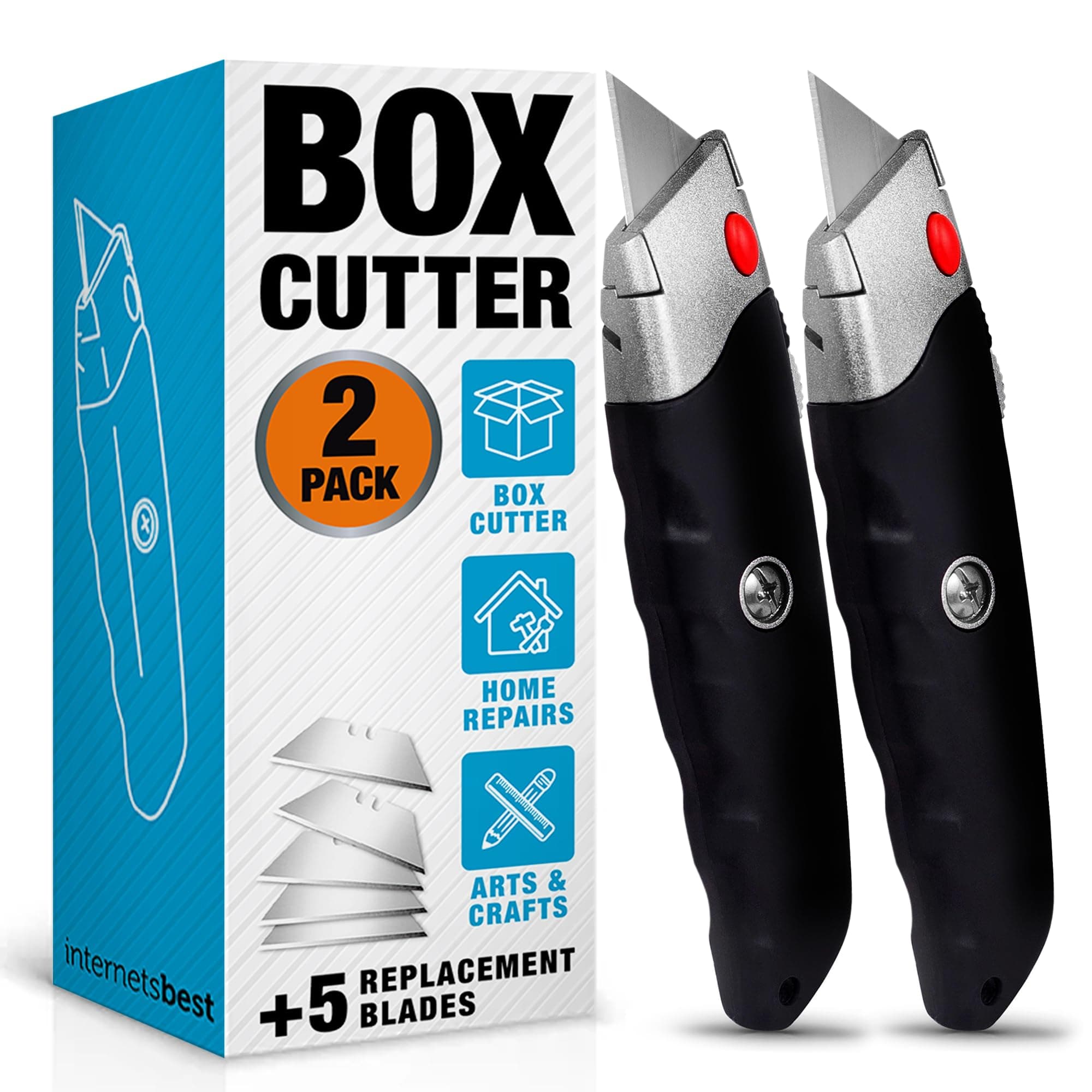 Premium Utility Knife | Set of 2 | Retractable Razor Knife Set | Extra Blade Refills | Box Cutter Locking Razor Knife