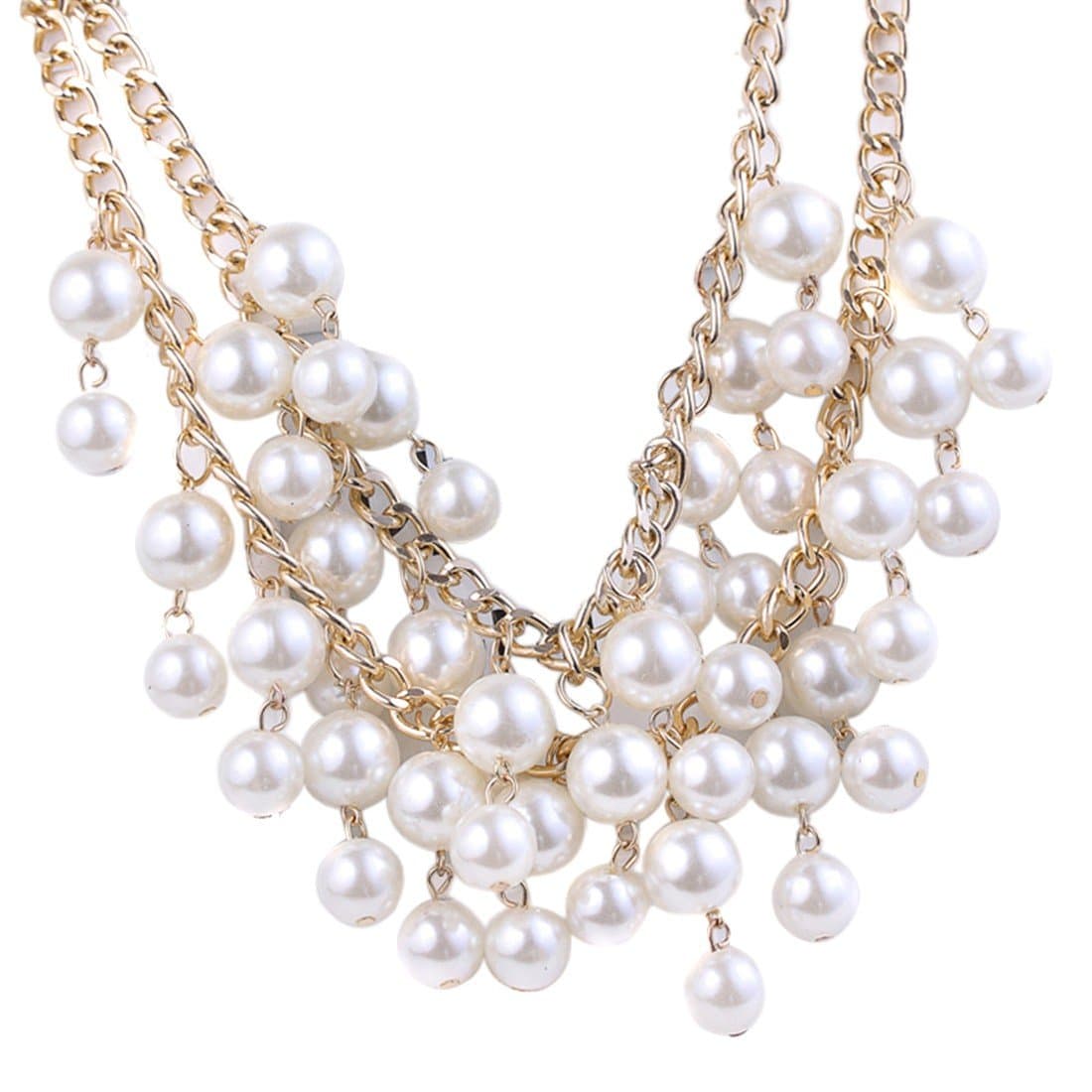 Elegant Women's Multi-Row Torsade Fringe White Pearl Bead Chain Bib Necklace