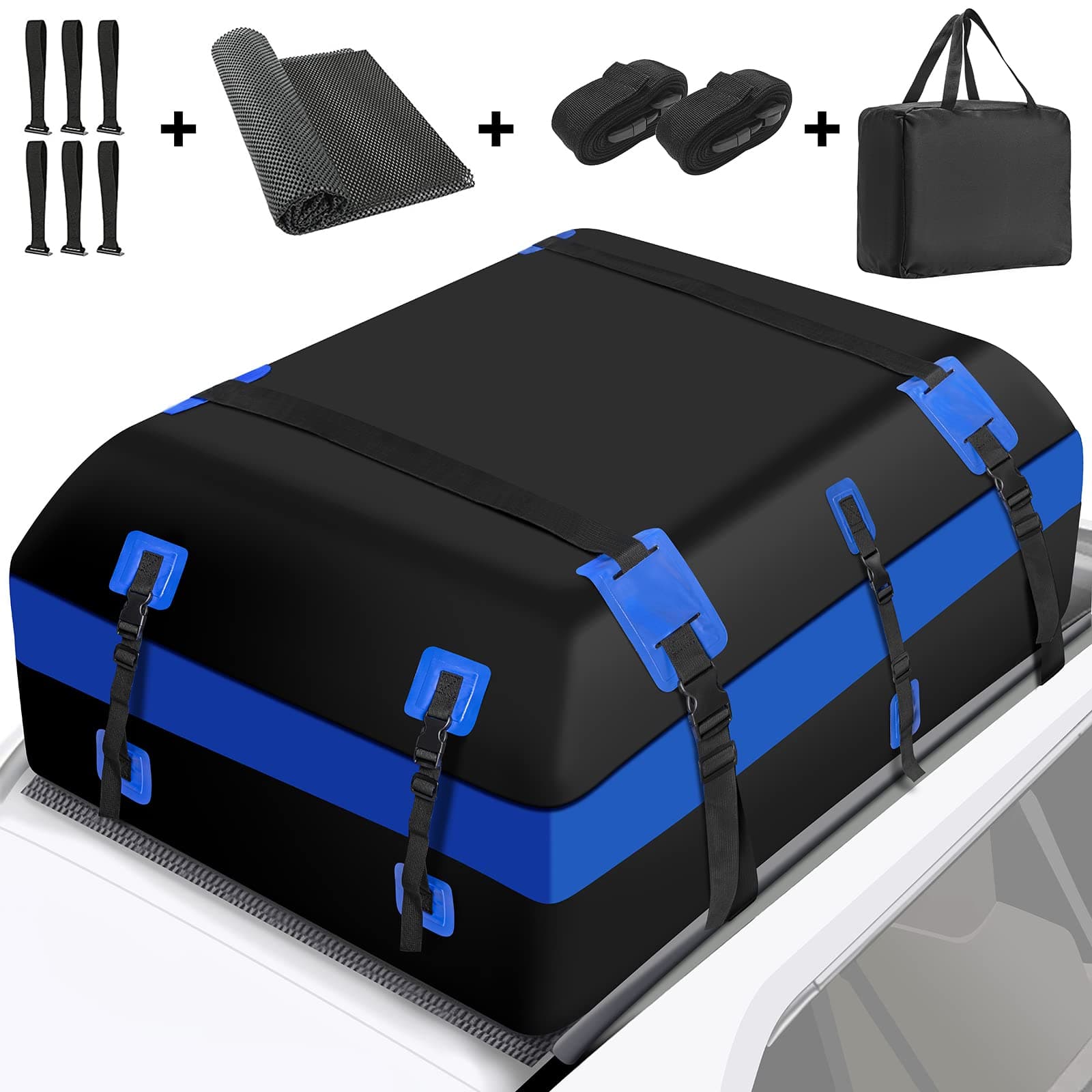 Rooftop Cargo Carrier Bag 21 Cubic Feet Waterproof Car Roof Rack Cargo Carrier for Top of Vehicle Car Roof Bag with Storage Bag Anti-Slip Mat Luggage Straps Car Top Carrier for Vehicle with/No Rack