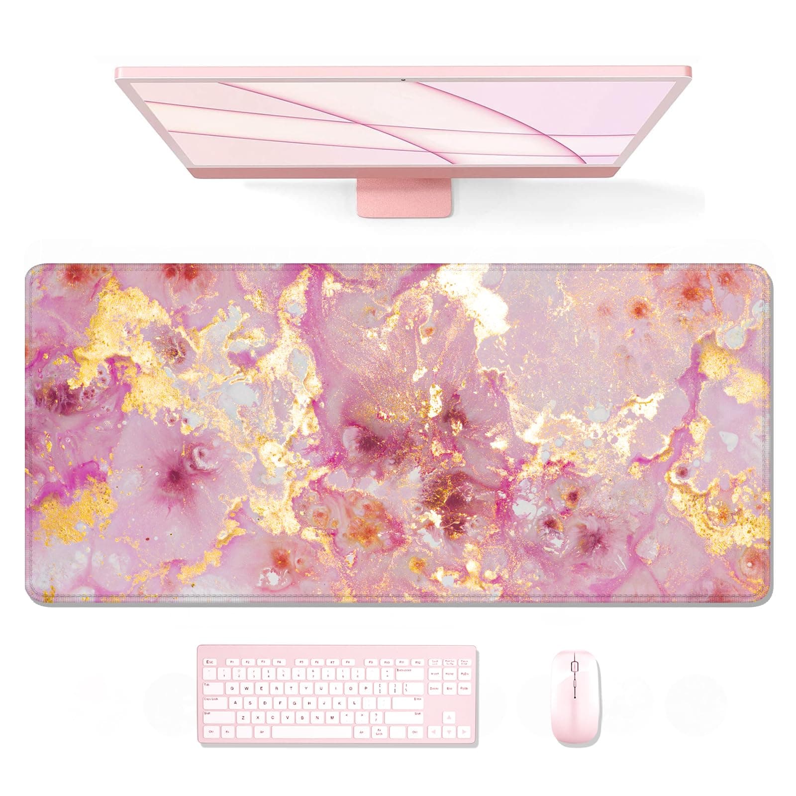 Auhoahsil Large Mouse Pad, XXL Gaming Mousepad, Desk Mat for Desktop, Thick Rubber, Big & Long Size, Stitched Edges, Full Desk Pad for Laptop & Computer, Extended 35.4 x 15.7 in, Pink Gold Marble