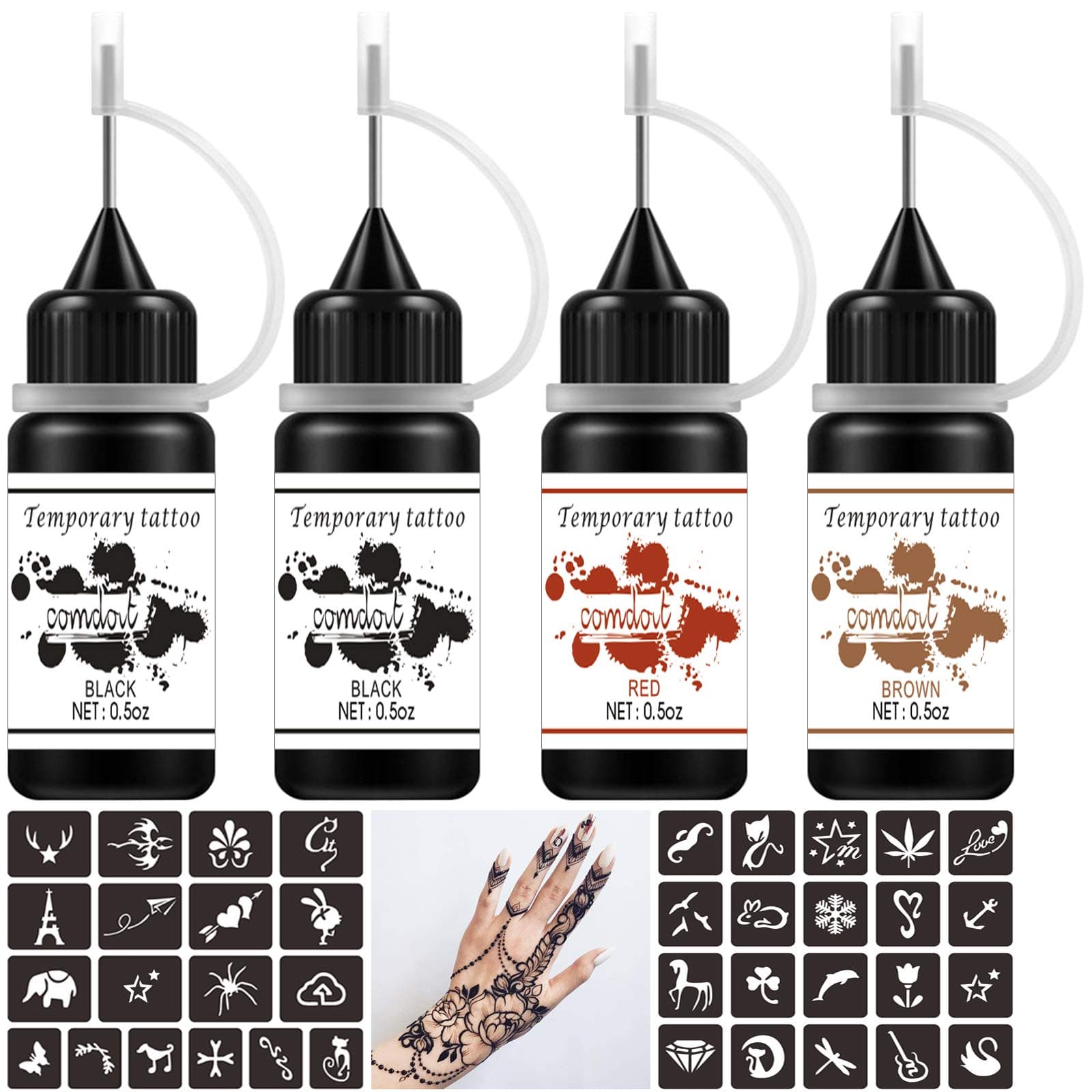 Temporary Tattoo Kit Jagua Gel Semi Permanent Tattoo Freehand Ink DIY Temp Tattoos for Women Kids Men Body Art Painting DIY Tattoos Fake Freckles 35 Pcs Tattoo Stencils - Full Kit 4 Bottles