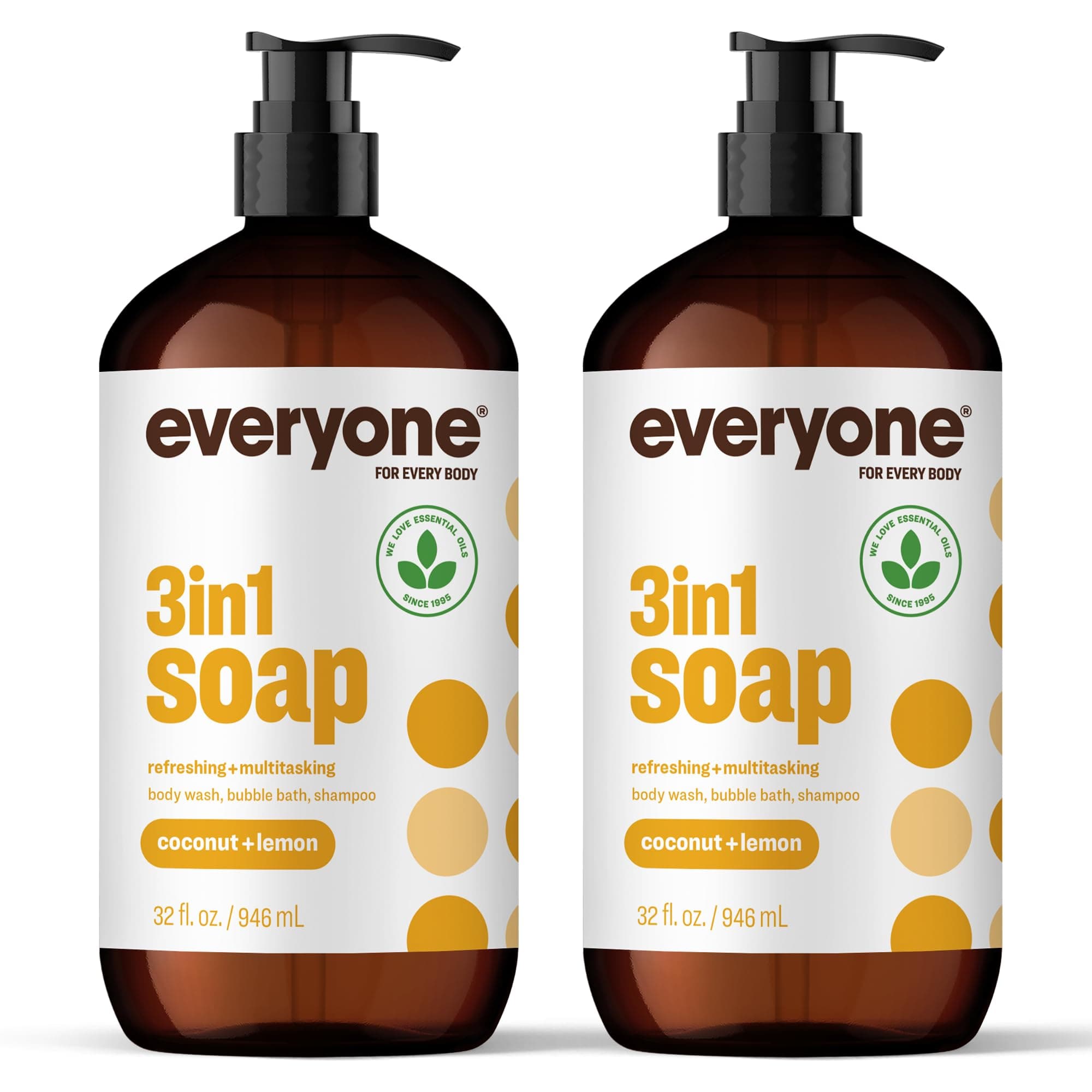 Everyone 3-in-1 Soap, Body Wash, Bubble Bath, Shampoo, 32 Ounce (Pack of 2), Coconut and Lemon, made with Essential Oils for Men and Women