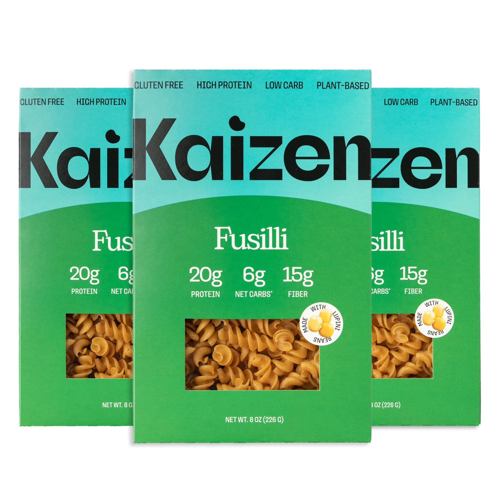 Kaizen Food Company Kaizen Low Carb Keto Pasta Fusilli - High Protein 20g , Gluten-Free, Keto-Friendly 6g Net , Plant-Based Lupini Noodles made w/High Fiber Lupin Flour - 8 ounces Pack of 3
