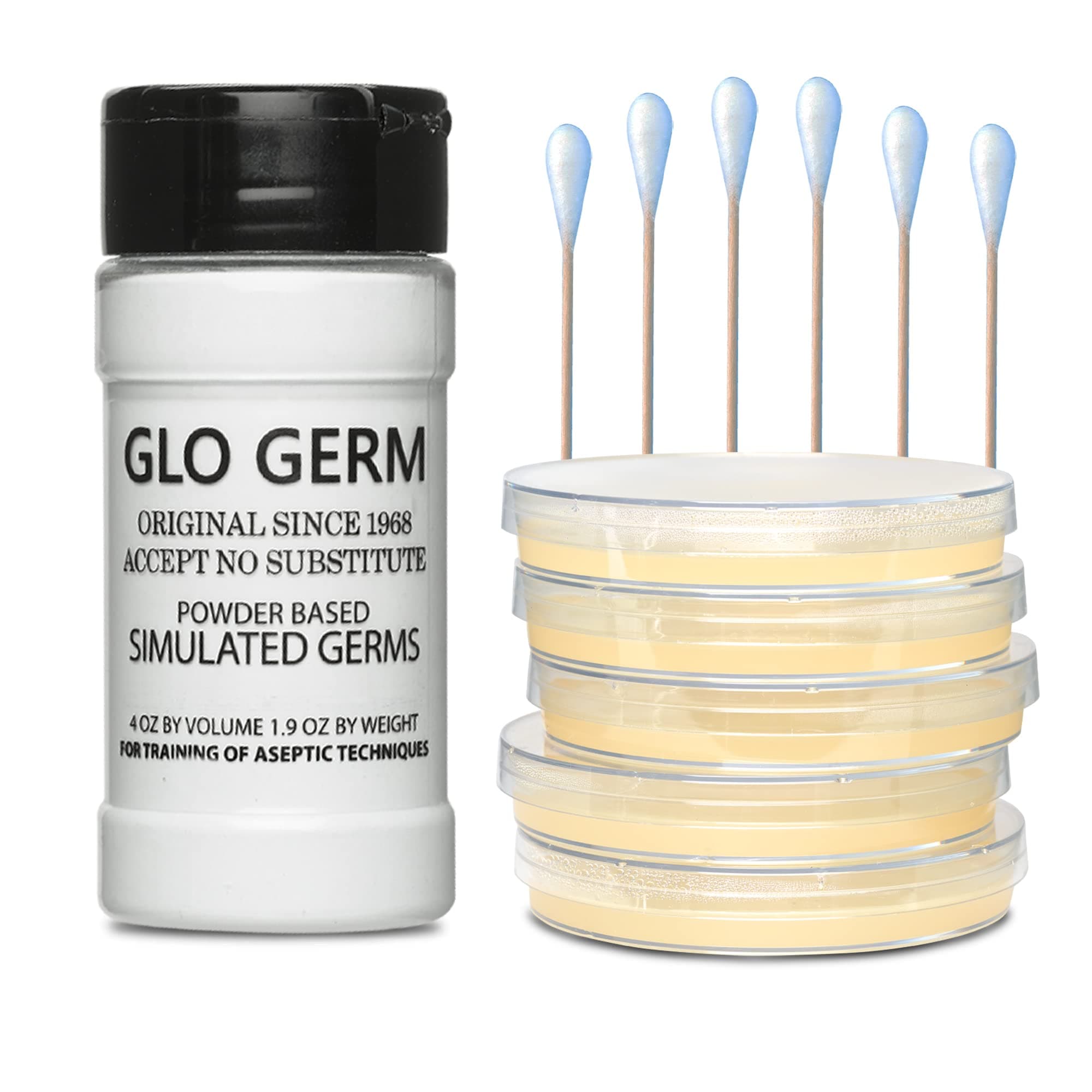 Glo Germ Powder & Prepoured Agar Plates Set – Evviva Sciences - 4 Ounce Glo Germ Powder – 5 Nutrient Agar Plates – Swabs Included – Great for Learning Biology