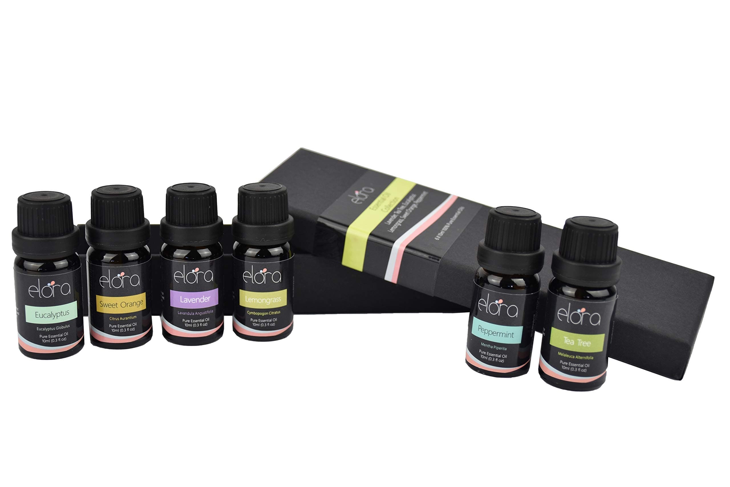 Elora Aromatherapy Essential Oils 6 x 10ml Gift Set - 100% Pure Oils kit - Lavender, Tea Tree, Eucalyptus, Lemongrass, Orange, Peppermint