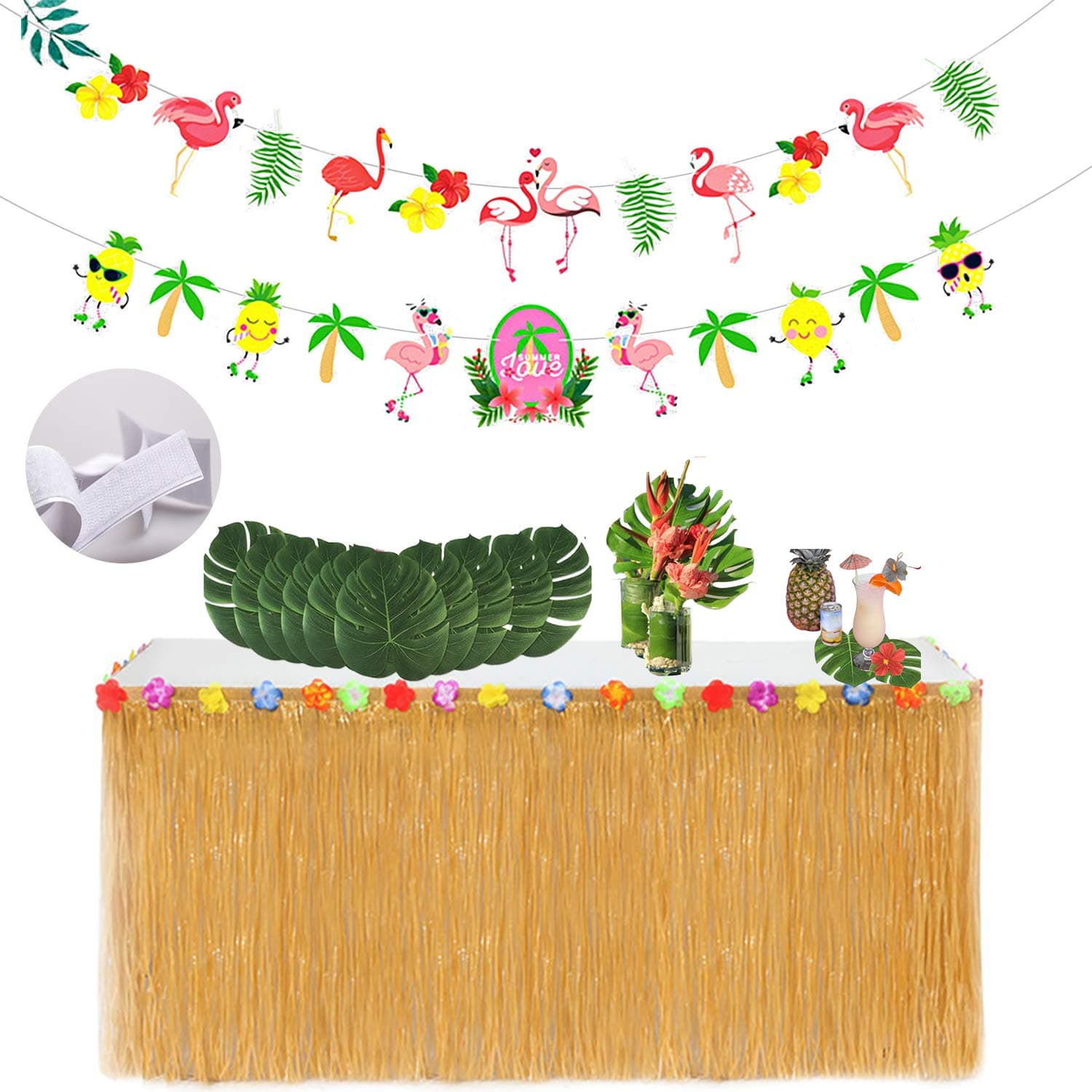 ResPai Hawaiian Grass Table Skirt Hawaii Luau Grass Table Skirt with Tropical Hibiscus Flower Palm Leaves Banners Garland Hawaiian Tropical Luau Garden Beach Jungle Summer Tiki BBQ Party Decoration