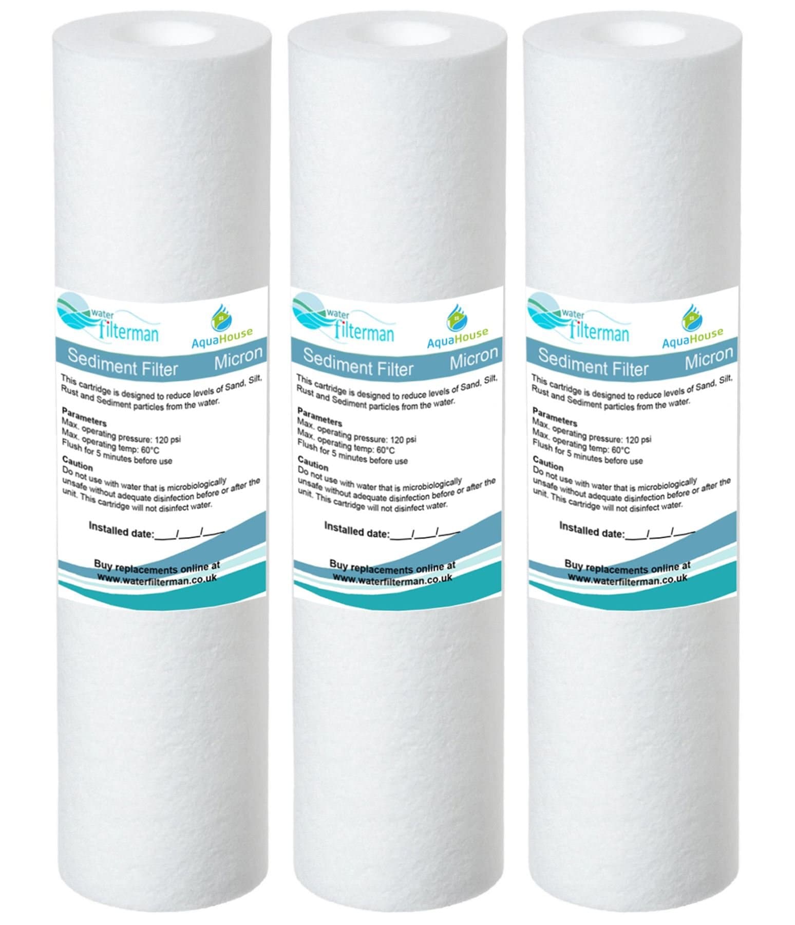 AquaHouse 3x 25cm Sediment water filter cartridge for Reverse Osmosis, Water fed pole & Partictle filtration, fits standard 25cm filter housings - 5 Micron