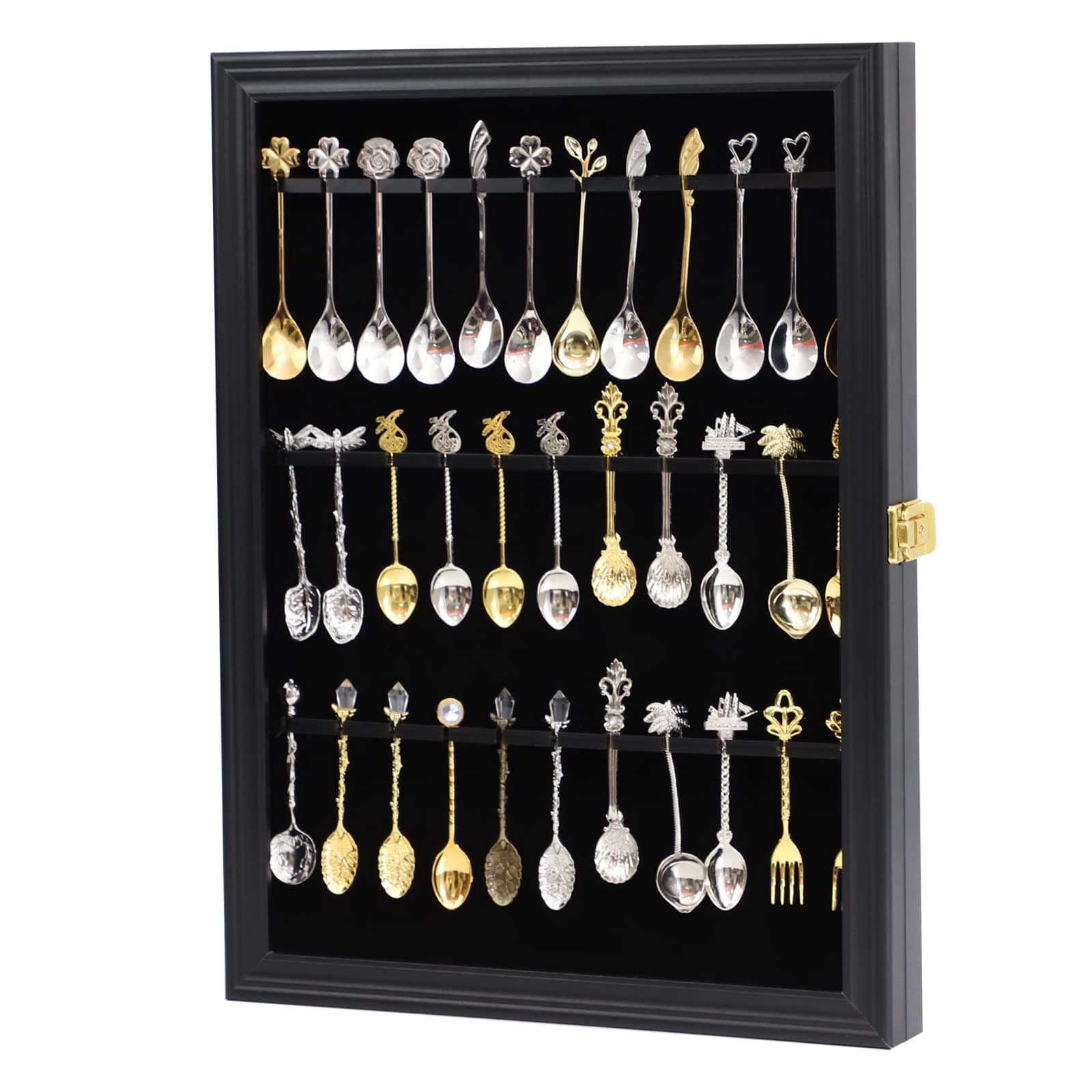 36 Souvenir Tea Spoon Display Case Collection Collector Rack Wall Mount Wooden w/98% UV Acrylic Door Lockable（Black）