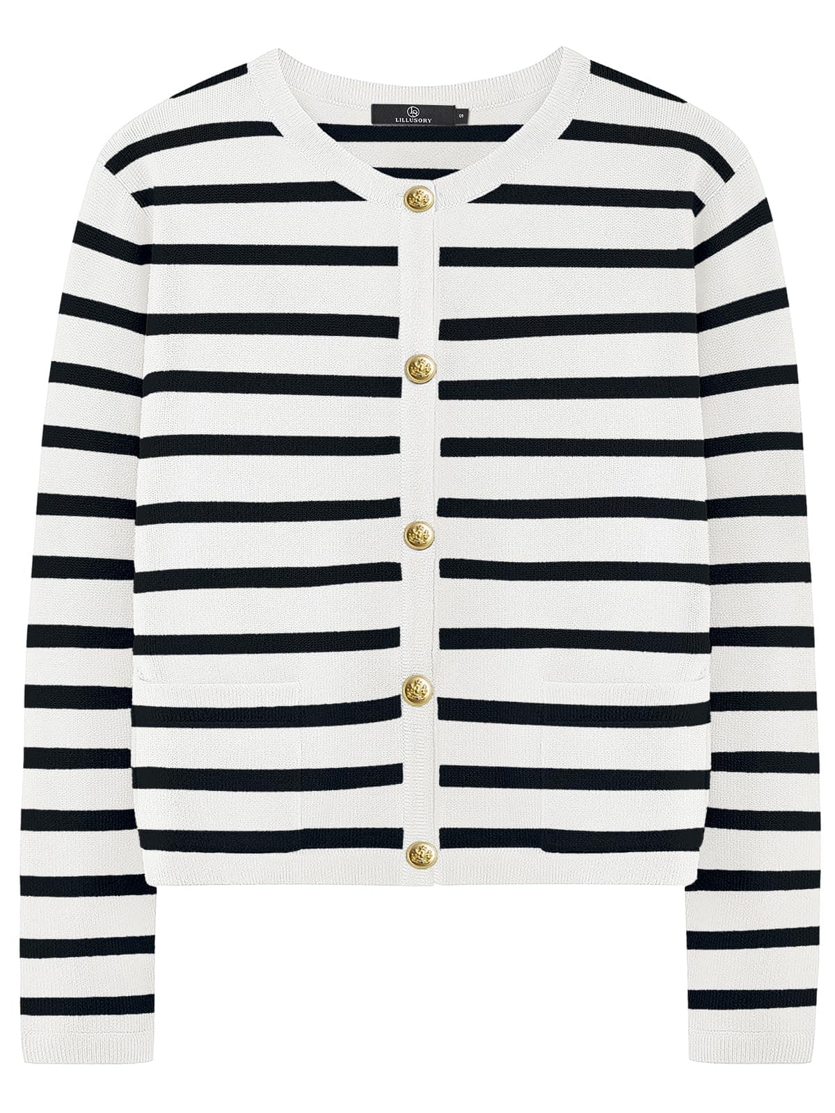 LILLUSORY Women's Crew Neck Cardigan Sweater with Gold Buttons and Striped Pattern