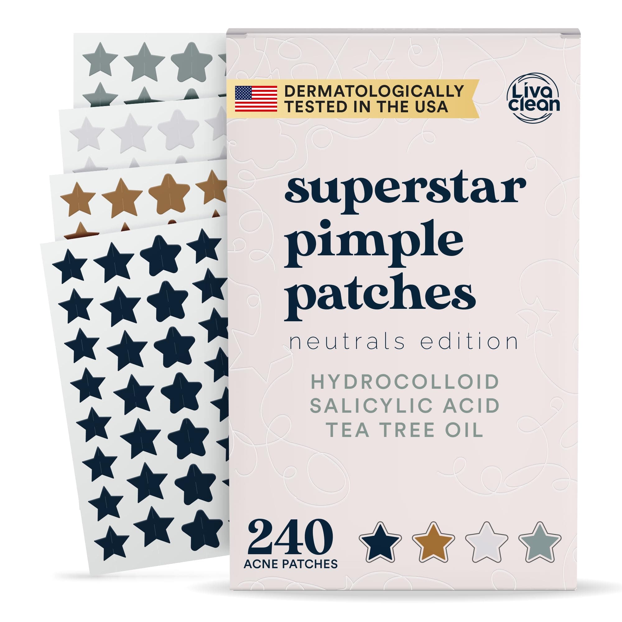 240 CT Neutrals Pimple Patches for Face w/Salicylic Acid & Tea Tree, Hydrocolloid Acne Patches Cute Star Pimple Patch for Healing, Cute Face Stickers, Zit Patch