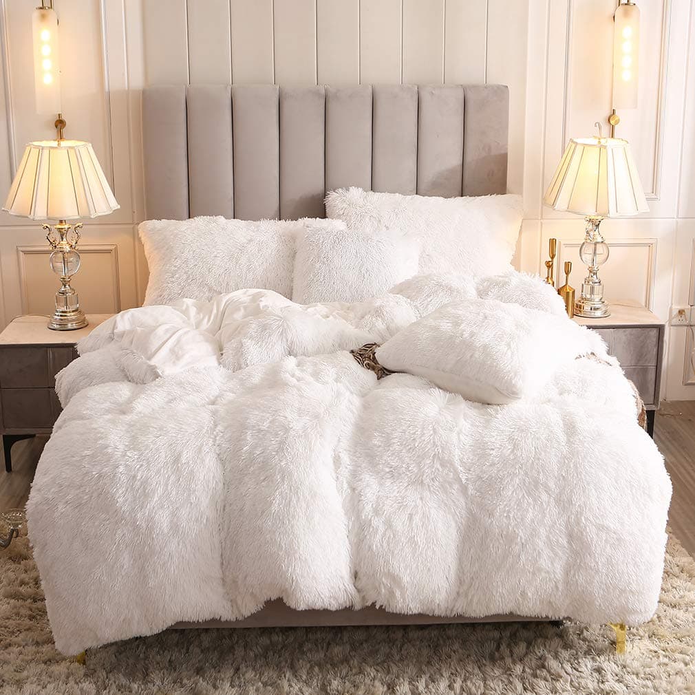 Faux Fur Velvet Fluffy Bedding Duvet Cover Set Down Comforter Quilt Cover with Pillow Shams, Ultra Soft Warm and Durable (White, King)