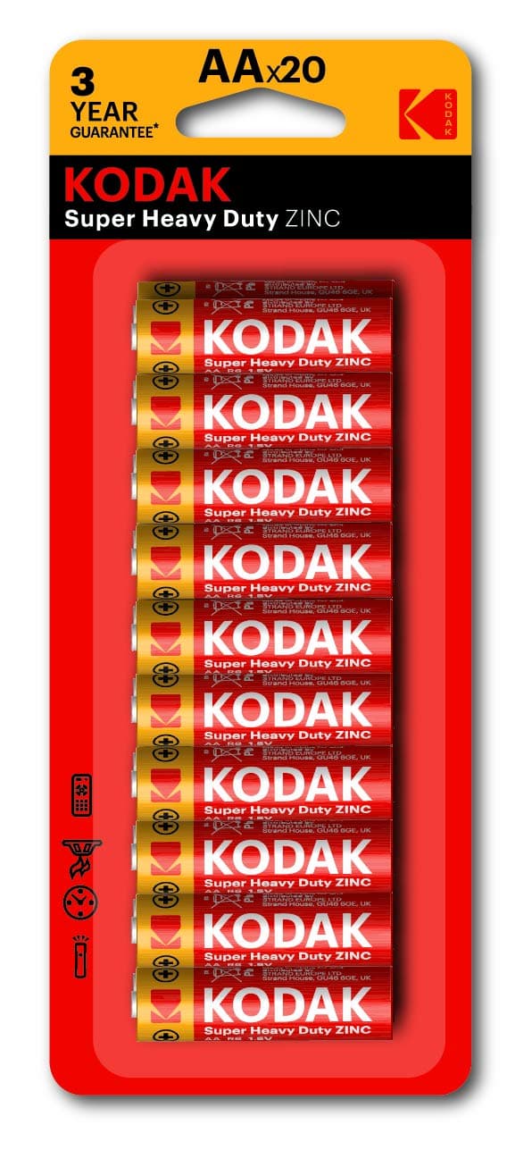 KODAK Super Heavy Duty 20-Pack AA Batteries, Double A Battery Pack, Carbon Zinc 1.5V, 3-Year Shelf Life, Disposable Household Batteries for Low-Drain Devices, R6P, Blister Packed (20 Count)