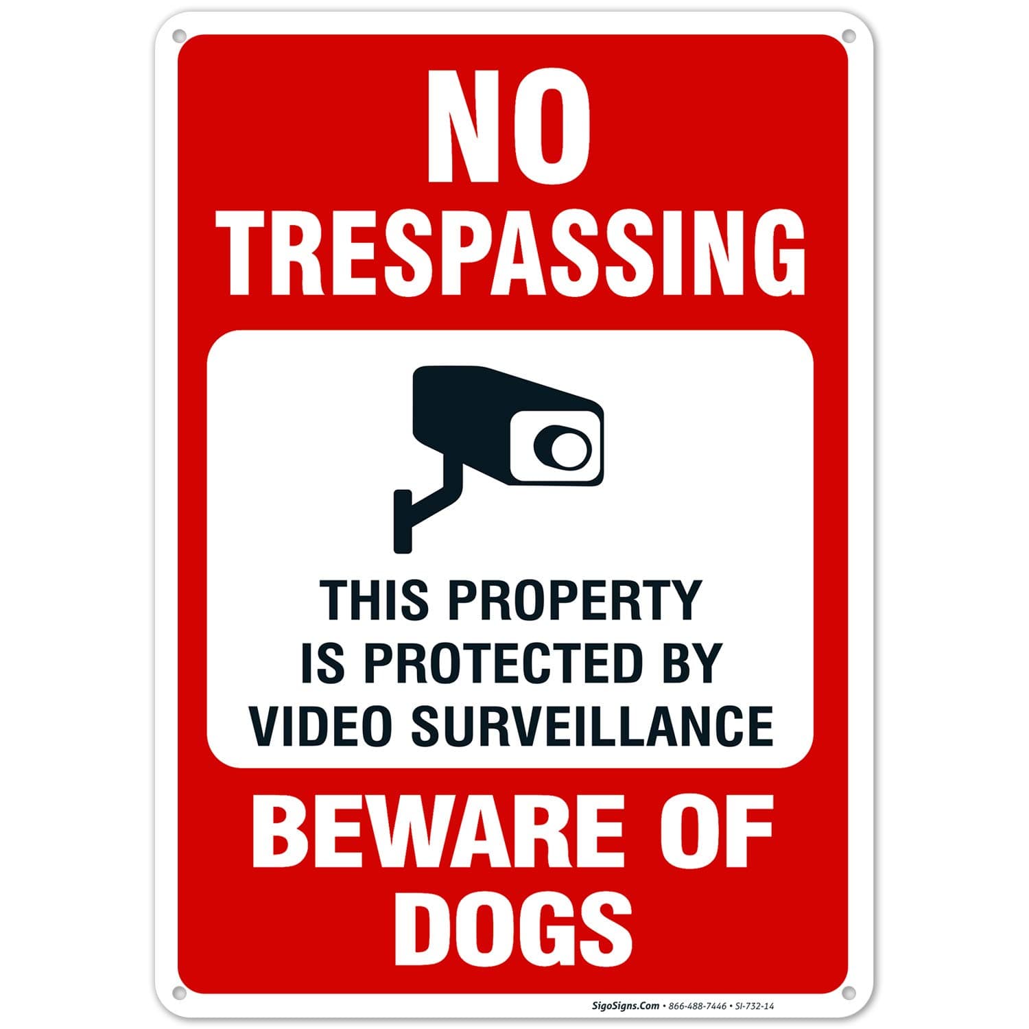 Sigo SignsBeware of Dog No Trespassing Video Surveillance 10x14 Inches, Rust Free .040 Aluminum, Fade Resistant, Made in USA
