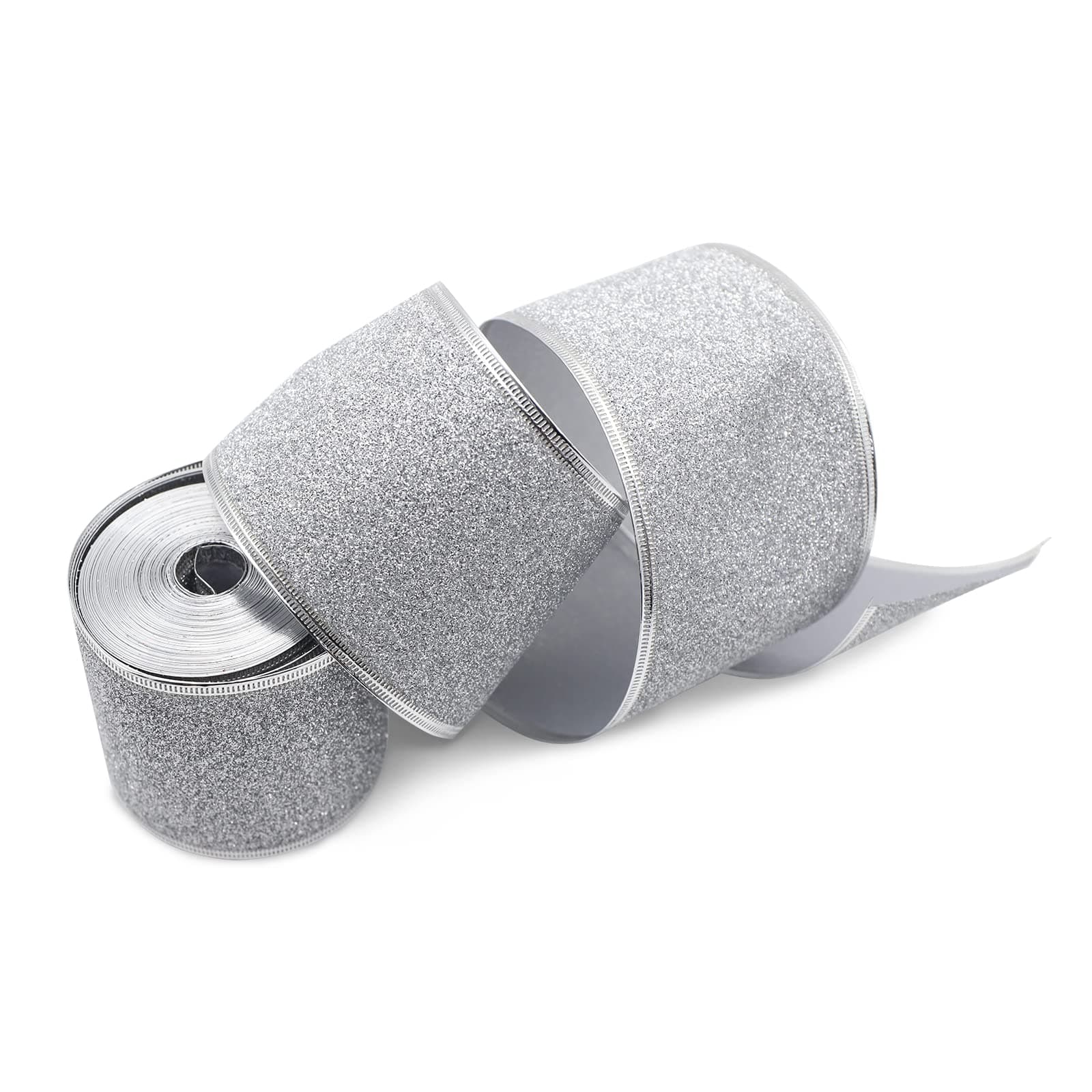 10m Silver Wired Glitter Christmas Ribbon, 63cm Metallic Wrapping Ribbon for Gift Wrapping, Wreath, Crafts, Christmas Tree & Wedding Decorations