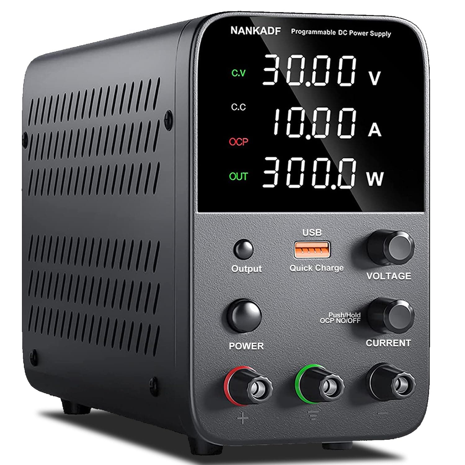 DC Variable Bench Power Supply With 4-Digit LED Display, 5V/3.6A USB Quick-Charge, Adjustable Output, Encoder Knob, Enable/Disable Button (30V 10A Black)