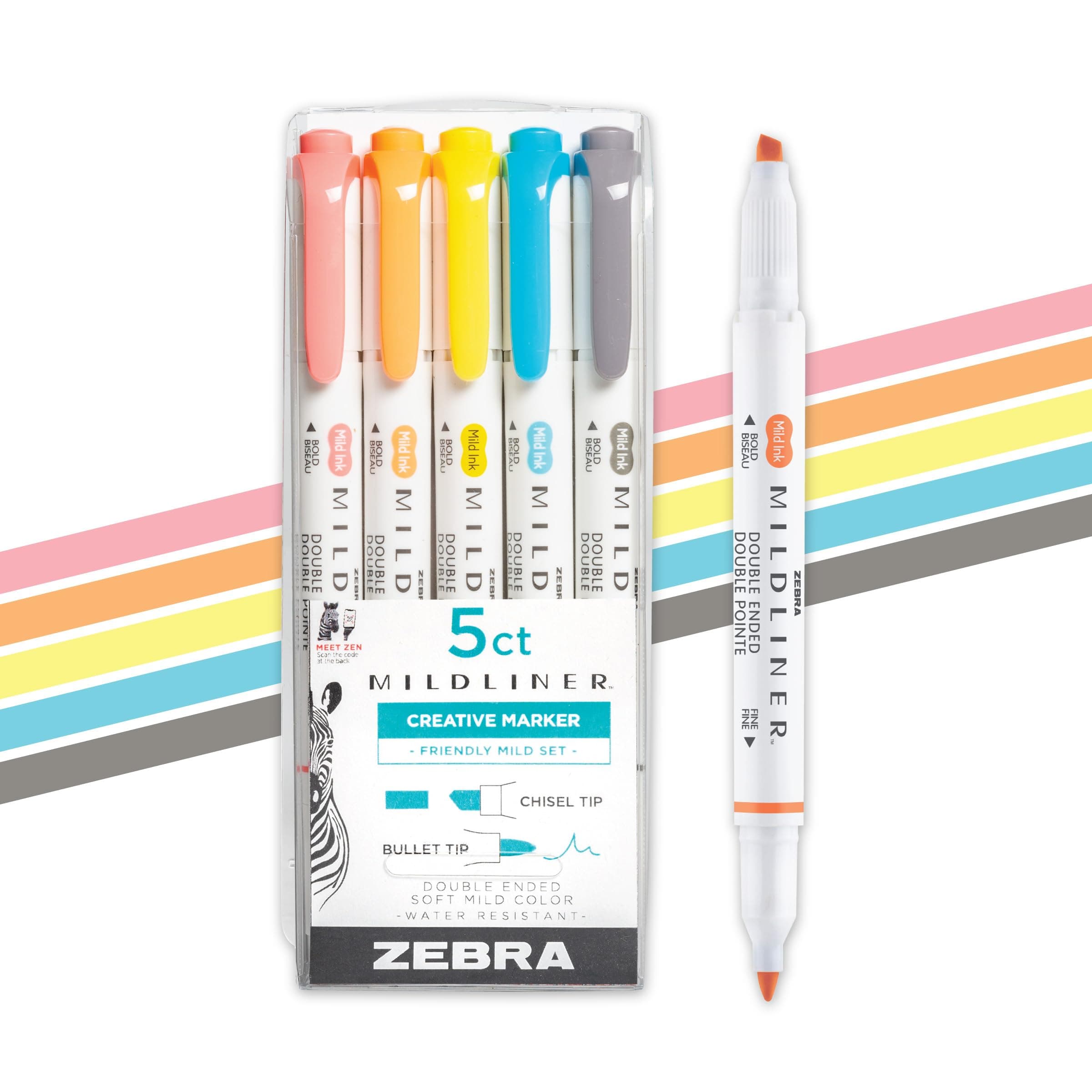 Zebra Pen Mildliner Dual-Tip Highlighter Set, Broad and Fine Tips, No Bleed, Ideal for Bible Highlighting, Journaling, Note-Taking and School Supplies, Assorted Friendly Ink Color, 5-Pack (78505)
