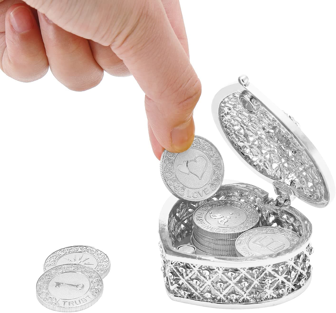 TINGKU 13 English Words Wedding Arras Unity Coins Set with Heart Shaped Box, Arras Para Boda Catolica for Wedding Ceremony - Silver Coins
