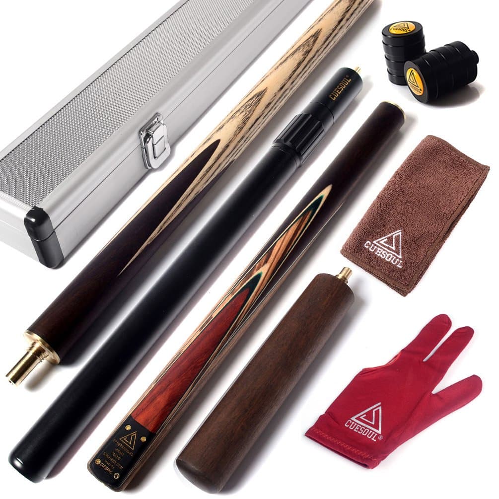 57" 3/4 Jointed Snooker Billiard Pool Cue Handcrafted 18oz with Telescopic Aluminium Extension & 6" Walnut Extension, Ash Shaft & Walnut Butt, in Aluminium Cue Case, 9.5mm Tip Snooker Cue Set