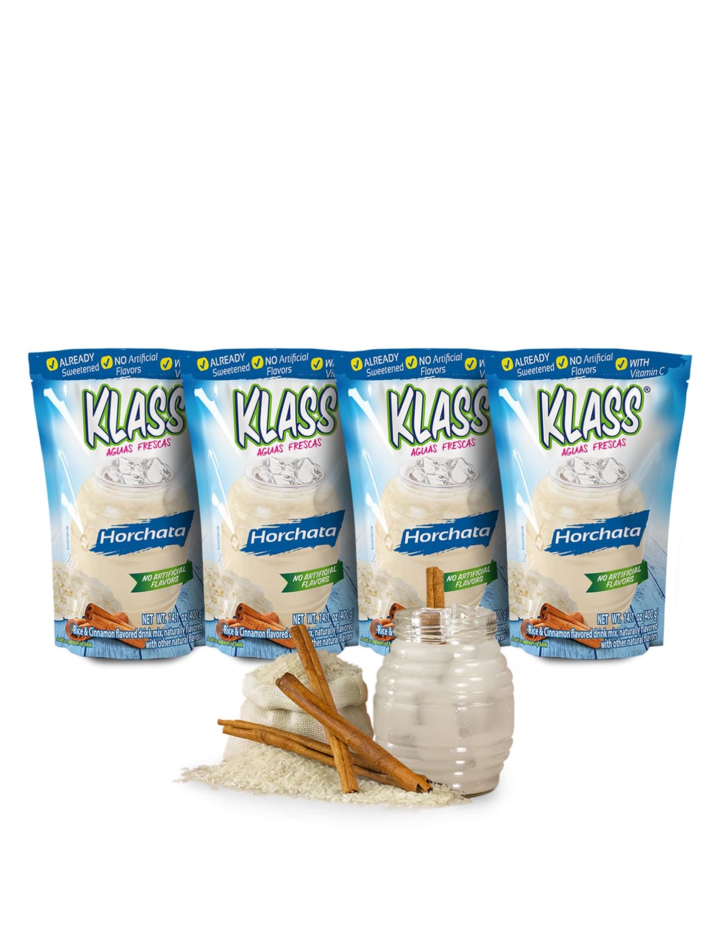 Klass Aguas Frescas | Drink Mix | Horchata | Flavors From Natural Sources, No Artificial Flavors, With Vitamin C (Makes 7 to 9 Quarts) 14.1 Oz Family Pack (4-Pack)