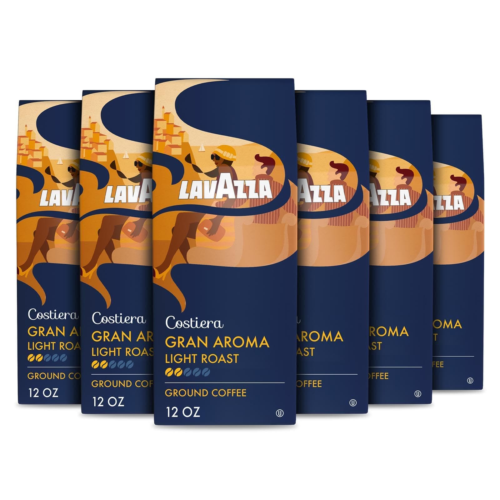 Lavazza Costiera Gran Aroma Ground Coffee 6 Bags of 12oz, Light Roast, Smooth and Aromatic Taste, Intensity 2/5, 100% Arabica, Ideal for Drip Brewers, (Pack of 6) - Package May Vary