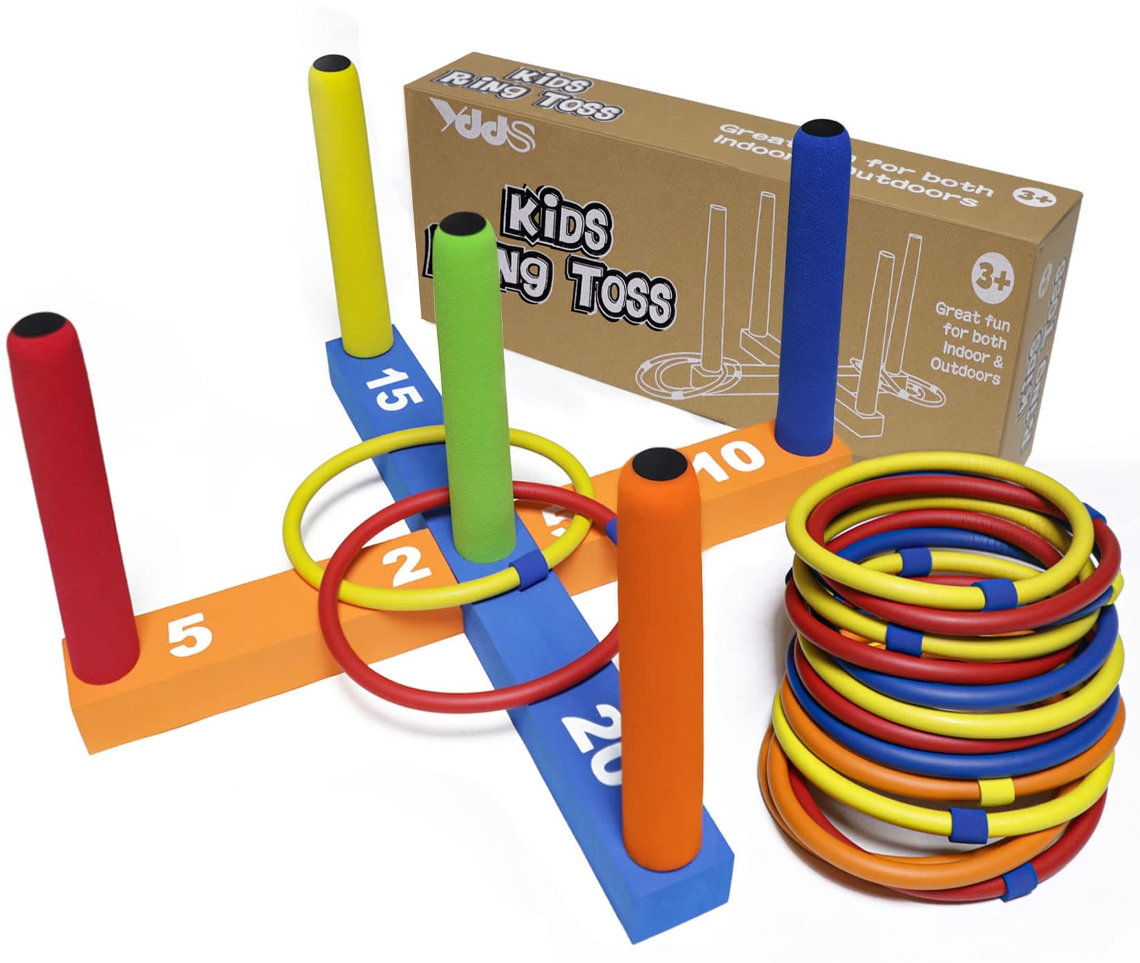 Ring Toss Game for Kids, Indoor & Outdoor Game for Family and Adults with 5 Poles, 2 Bases and 16 Rings in 4 Colors, Soft Foam Toy for Kids Backyard Ring Toss Fun