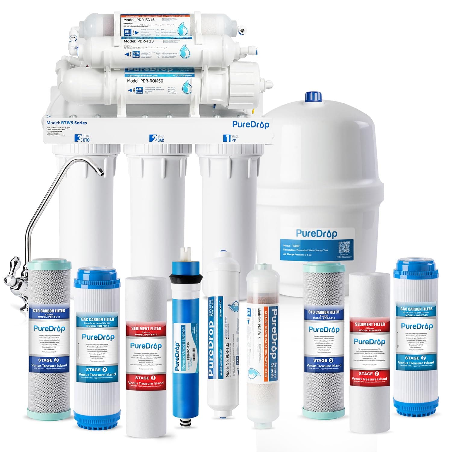RTW5AK SGS-Tested Reverse Osmosis Alkaline Water Filter System, 6 Stage pH+ Alkaline Remineralization Under Sink RO Water Filtration System Plus Extra 3 Filters, 50 GPD
