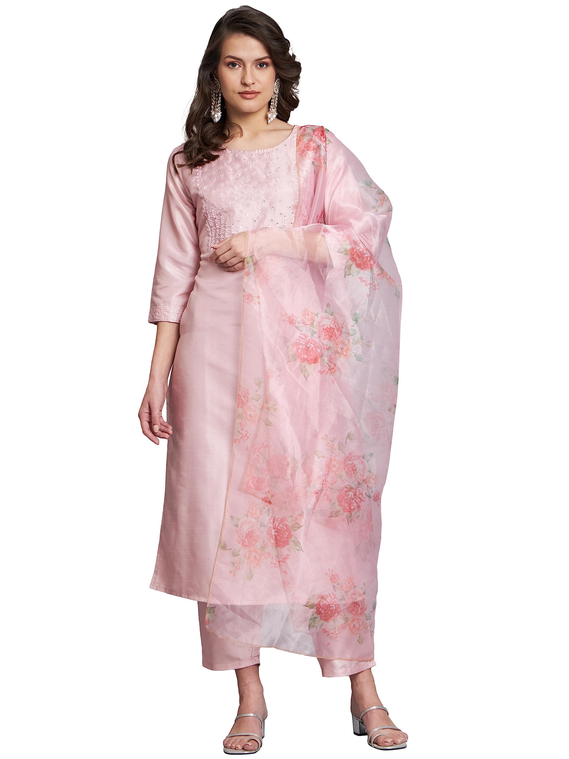 VredeVogel Women's Silk Blend Embroidered Straight Kurta Pant Set with Organza Dupatta