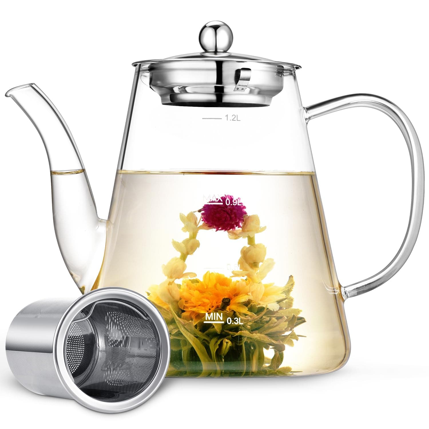 Glass Teapot, 1200ml (40oz) With Removable Infuser for Loose and Blooming Tea, Stovetop Safe Kettle, Borosilicate Glass Pot With Scale Line, Gift Box