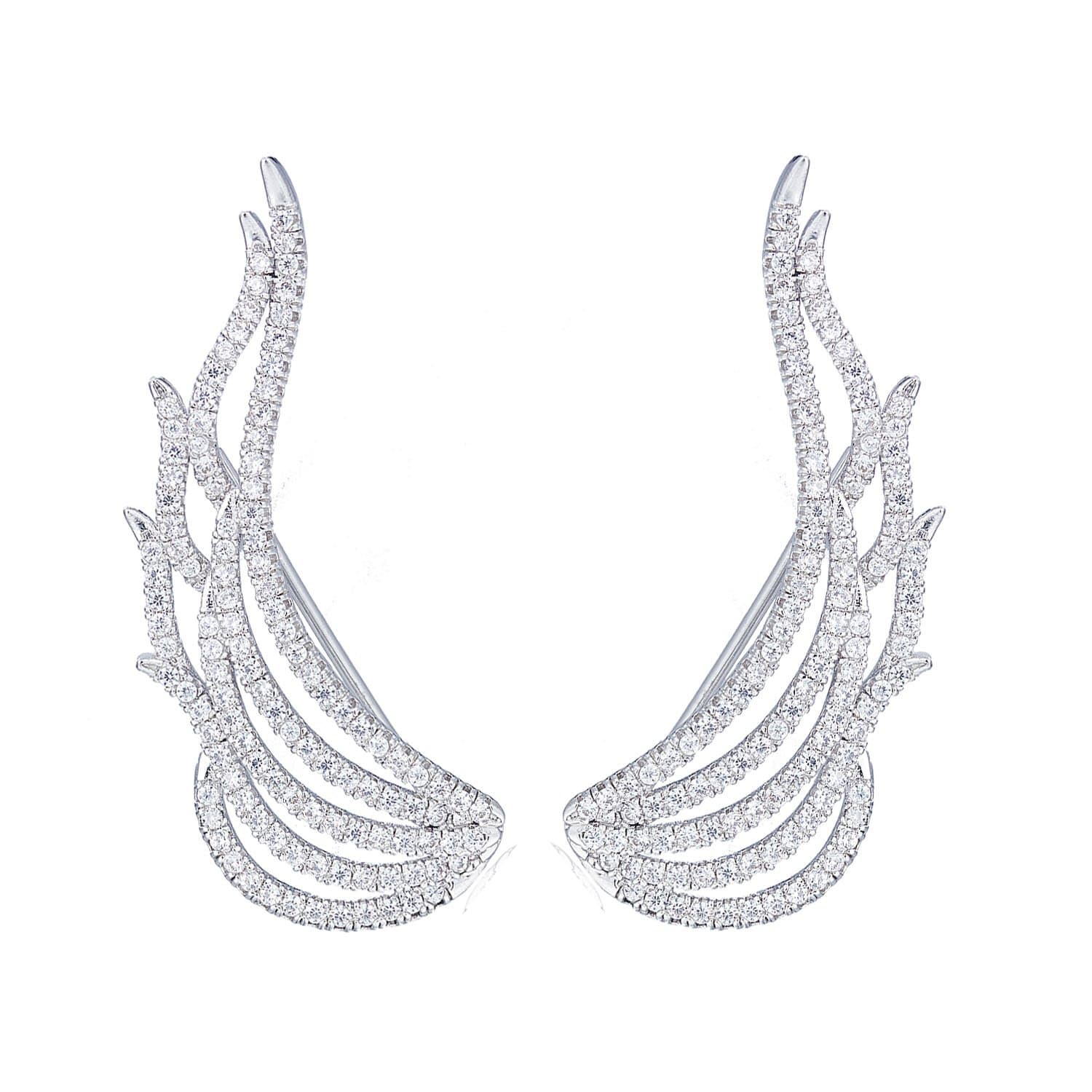 Cubic Zirconia Wings Ear Wrap Cuff Stud Earrings Silver Tone