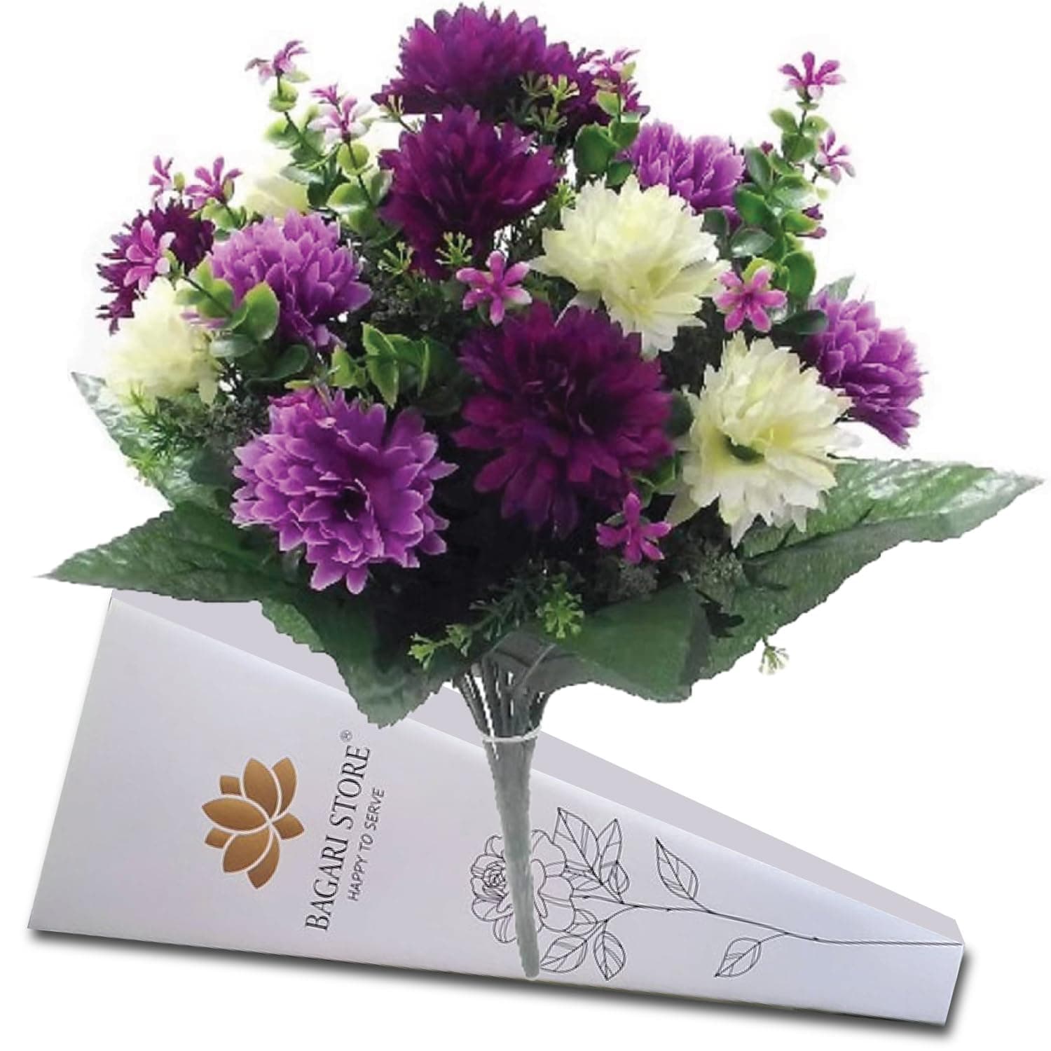 Bagari 41cm Artificial Flowers for Graves- Fake Plastic Bunch of 16 Heads- Large Mixed Bush Ivory-Liclac-Purple Delivery Next day Prime- Fresh Bouquet for Outdoor & Indoor Events Wedding Party Decor