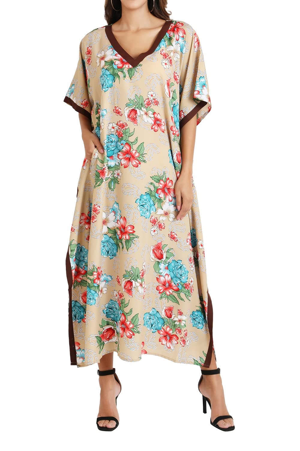 Miss Lavish London Womens Kaftan Tunic Kimono Dress Ladies Summer Evening Maxi Party One Size Fits 10-24 (One Size, 115-Brown)