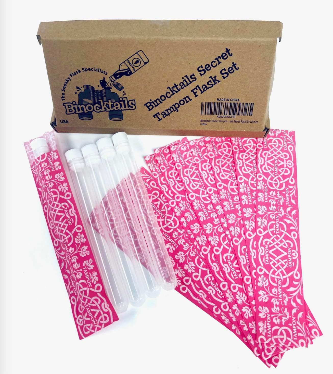 Secret Tampon Flask Set, Includes 5 Pcs 1 Oz. Tube Flasks and 10 Reusable Self Adhering Wrappers, Flasks for Girls, Great Secret Flask for Women