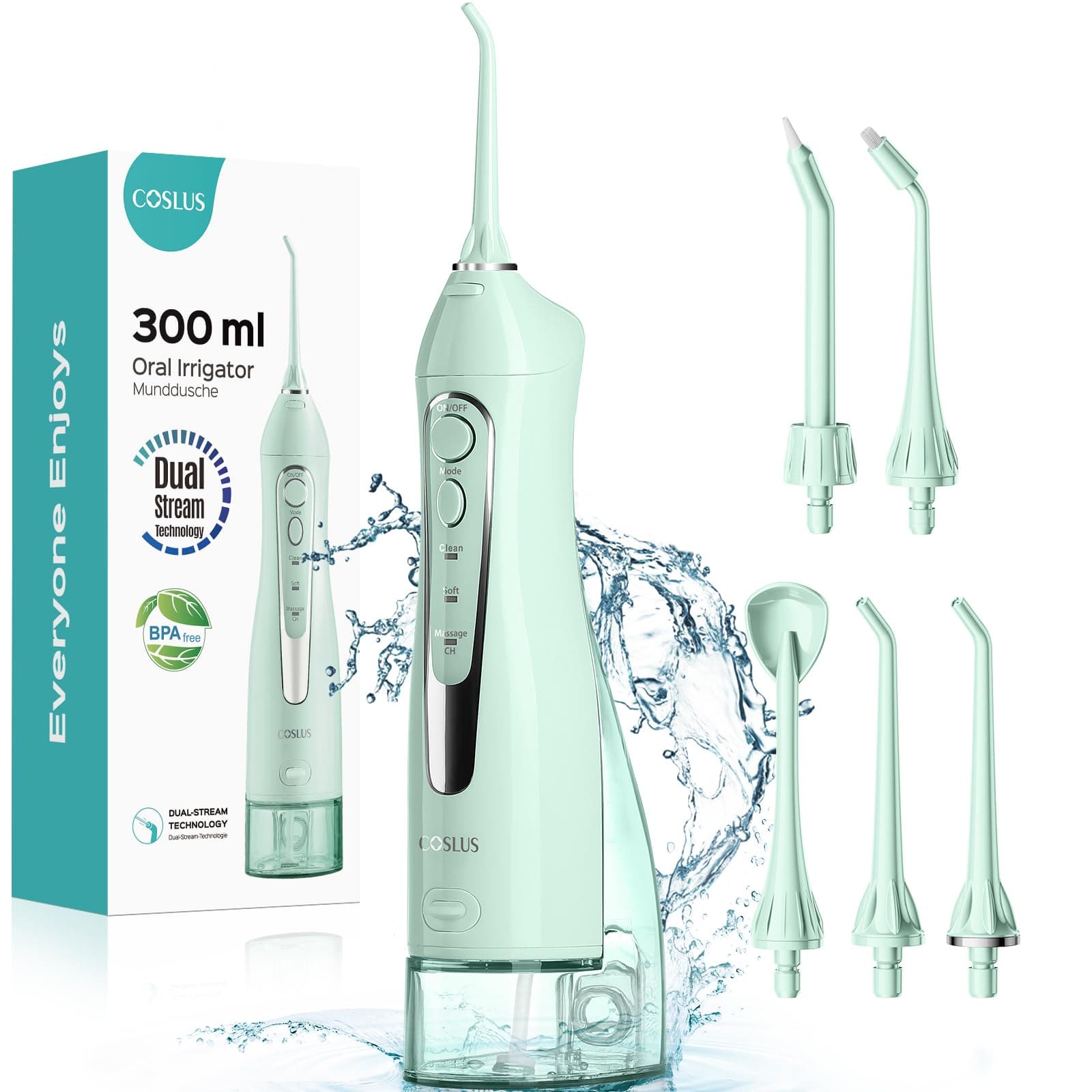 COSLUS Water Dental Flosser Teeth Pick C20(F5020E): Portable Cordless Oral Irrigator 300ML Rechargeable Travel Irrigation Cleaner IPX7 Waterproof Electric Flossing Machine for Teeth Cleaning, Green