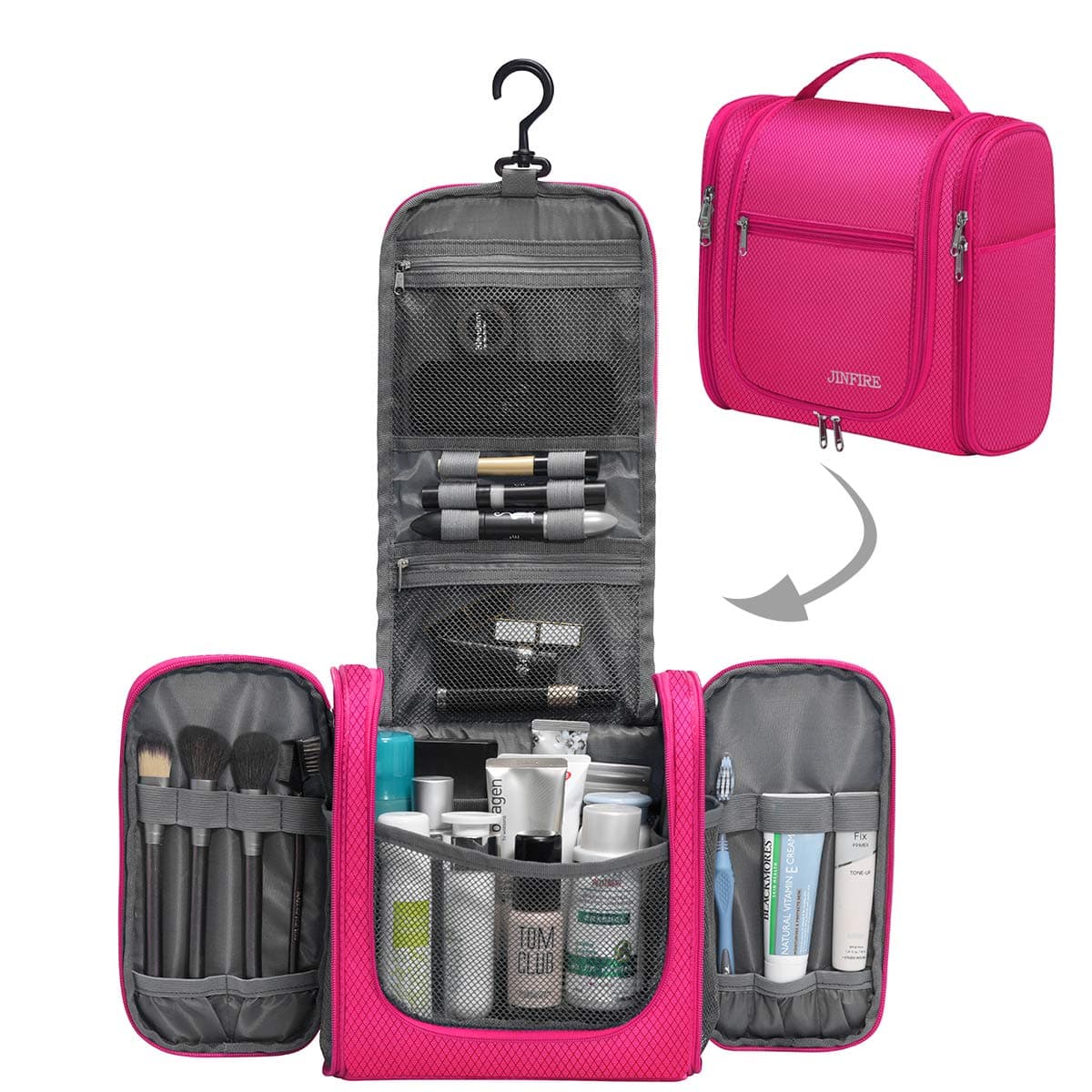 JINFIRE Premium Rotatable Hook Hanging Toiletry Bag for Women and Men Large Waterproof Travel Toiletries Organizer Kit Bathroom Shower Shaving Bag,Pink