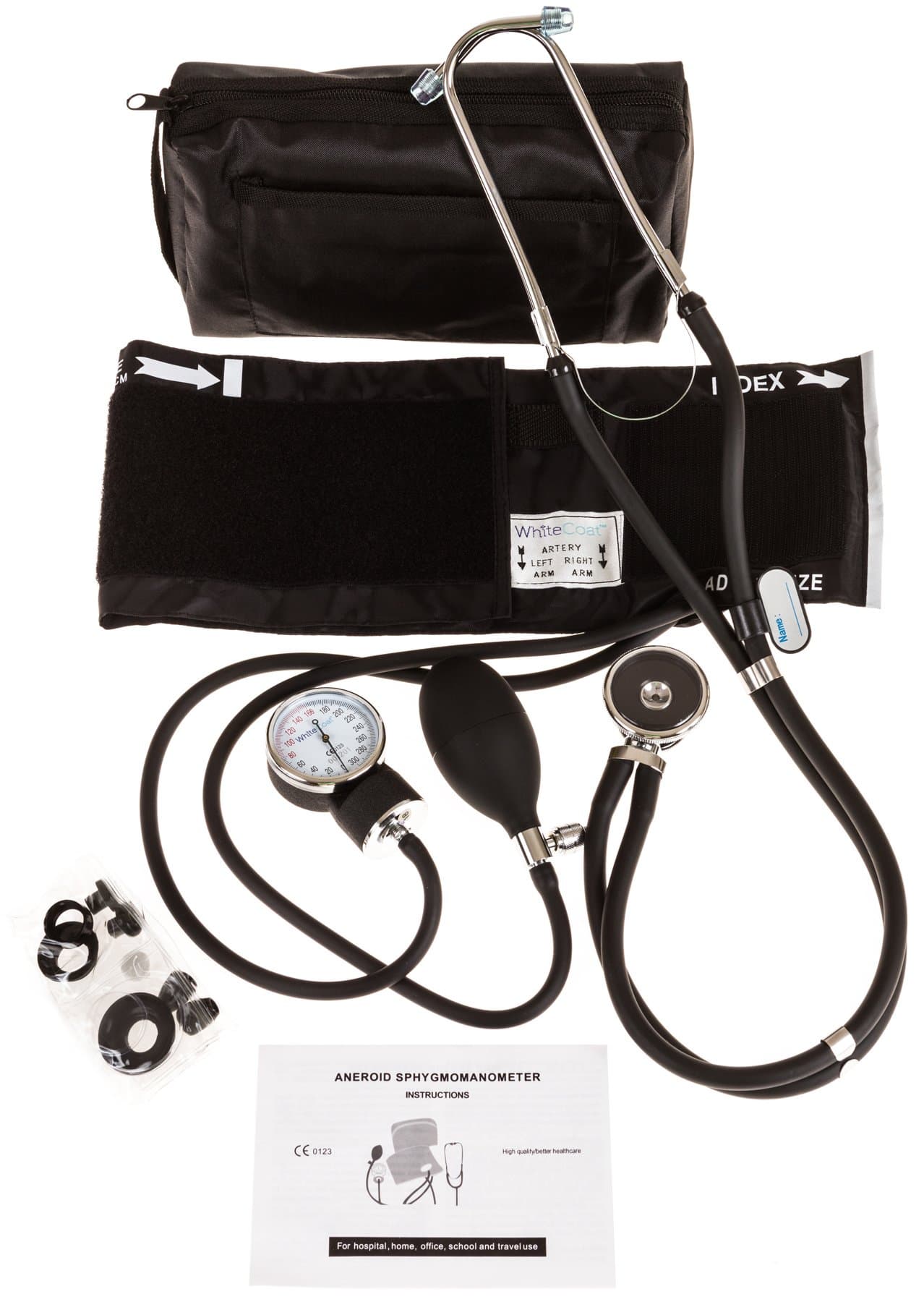 White Coat Deluxe Aneroid Sphygmomanometer Professional Blood Pressure Cuff Monitor with Adult Sized Black Cuff Plus Sprague Rappaport Stethoscope and Accessory Kit