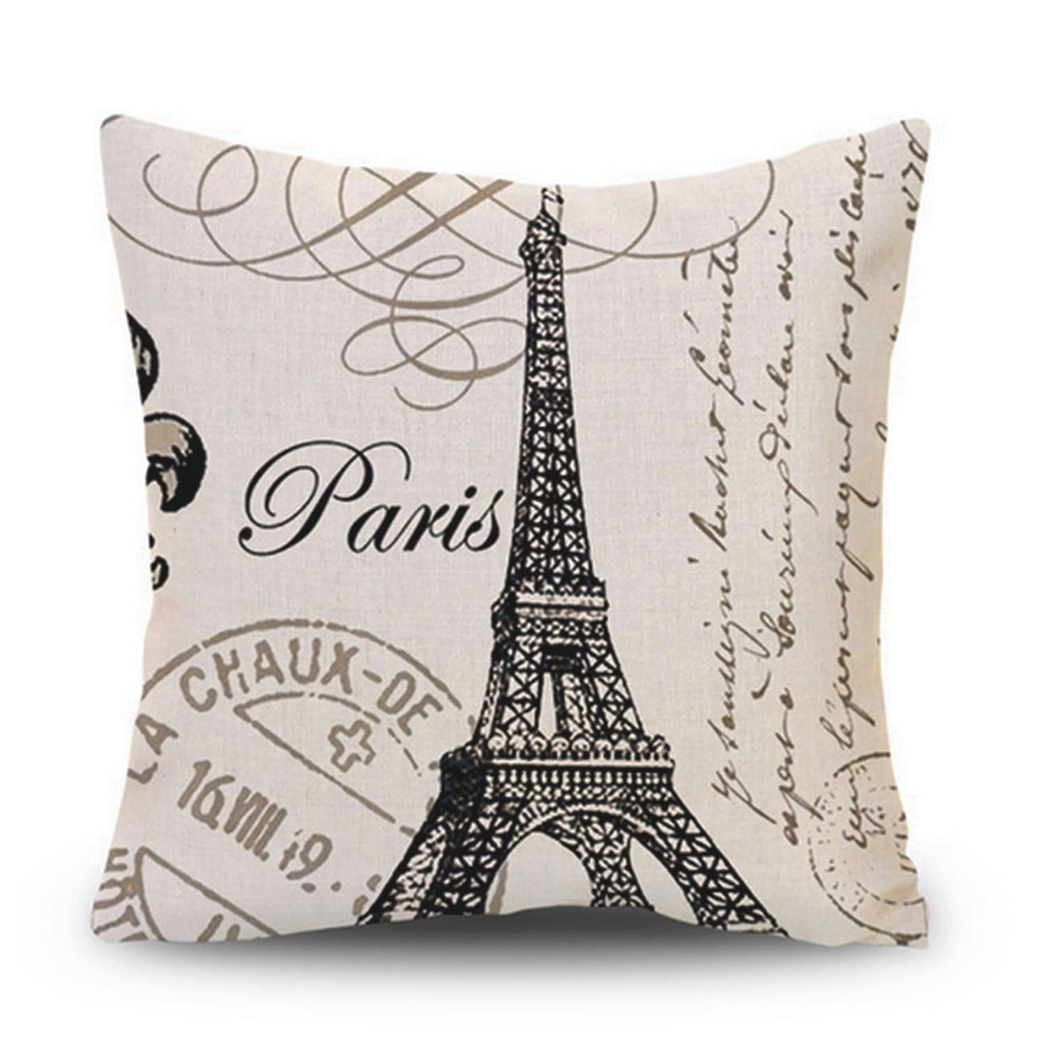 Decor MI Black and Beige Love Paris Linen Square Throw Pillow Case Decorative Durable Eiffel Tower Throw Pillow Covers for Couch Sofa Bed Living Room Cushion Slip Cover 18x18 Inch
