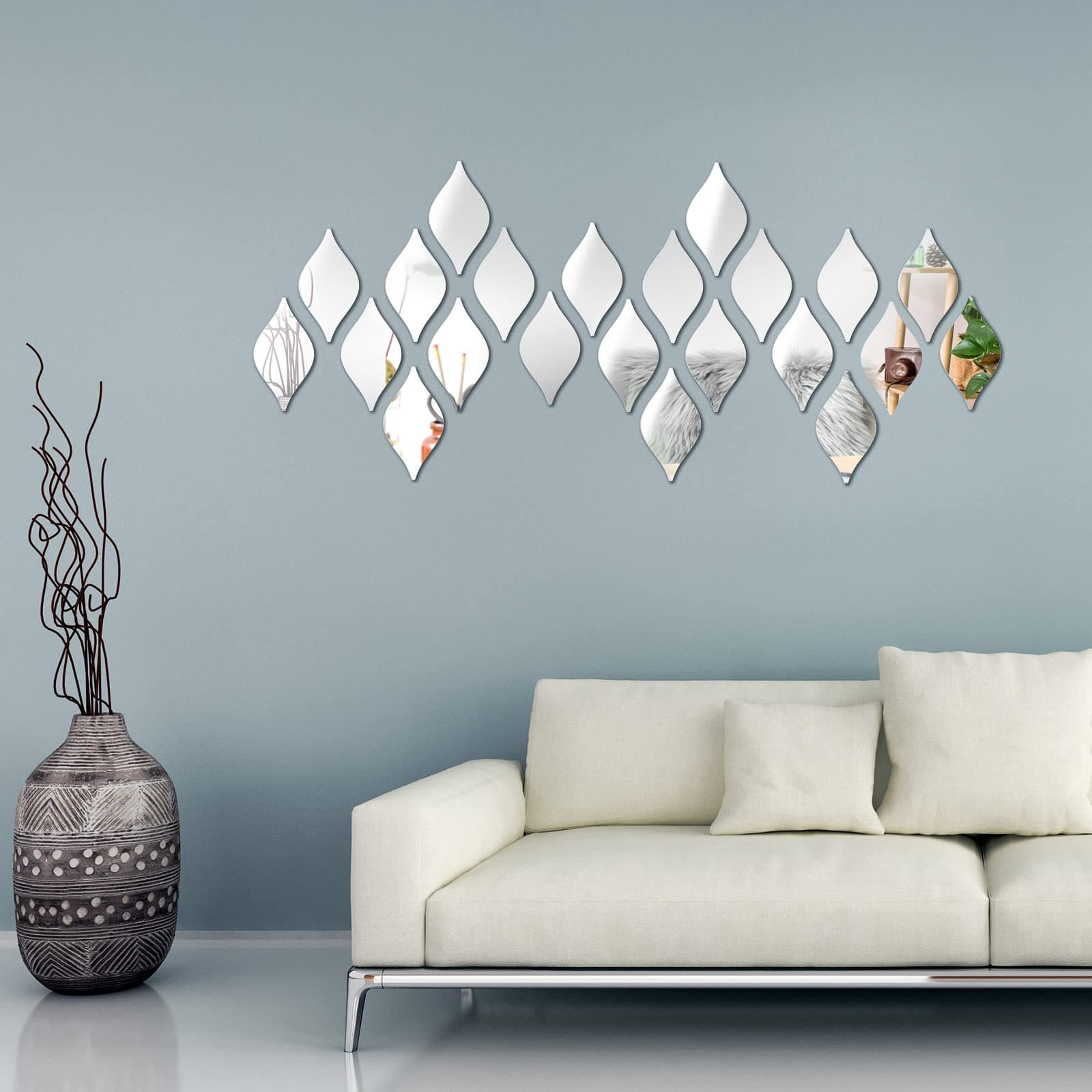 Weysat 30 Pcs Mirror Wall Stickers Decor Acrylic 3D Tear Drop Decorative Mirrors Stickers Removable Wall Art Decals for Home Living Room Bathroom Office Dormitory Decorations, 6 x 3.3 Inch(Silver)