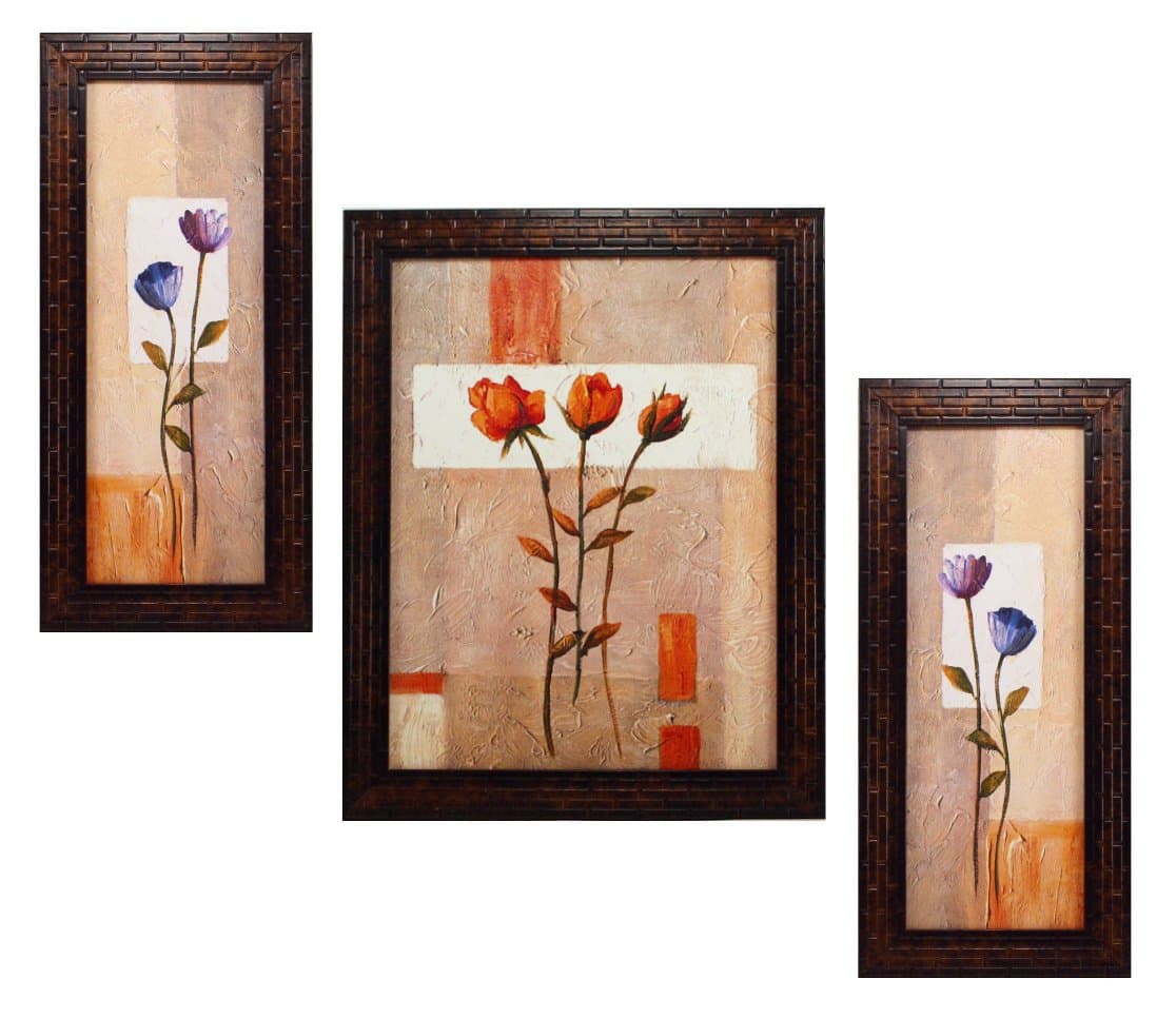 Indianara 3 PC Set of Floral Paintings (1091a) Without Glass 5.2 X 12.5, 9.5 X 12.5, 5.2 X 12.5 INCH